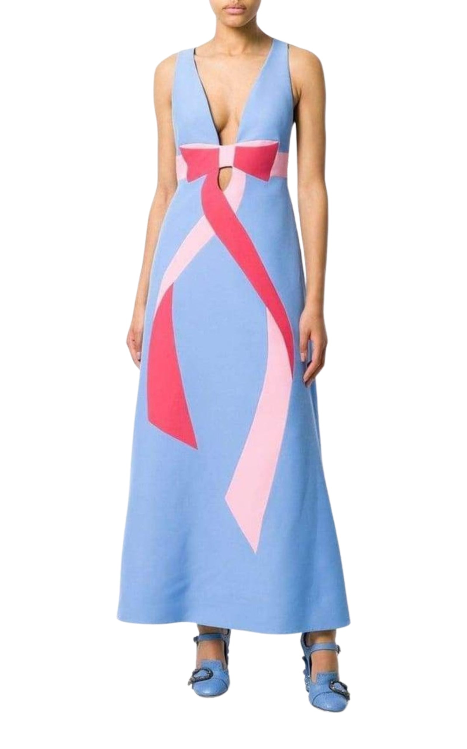 Floor-Length Bow Detail with V Neck Gown - 3