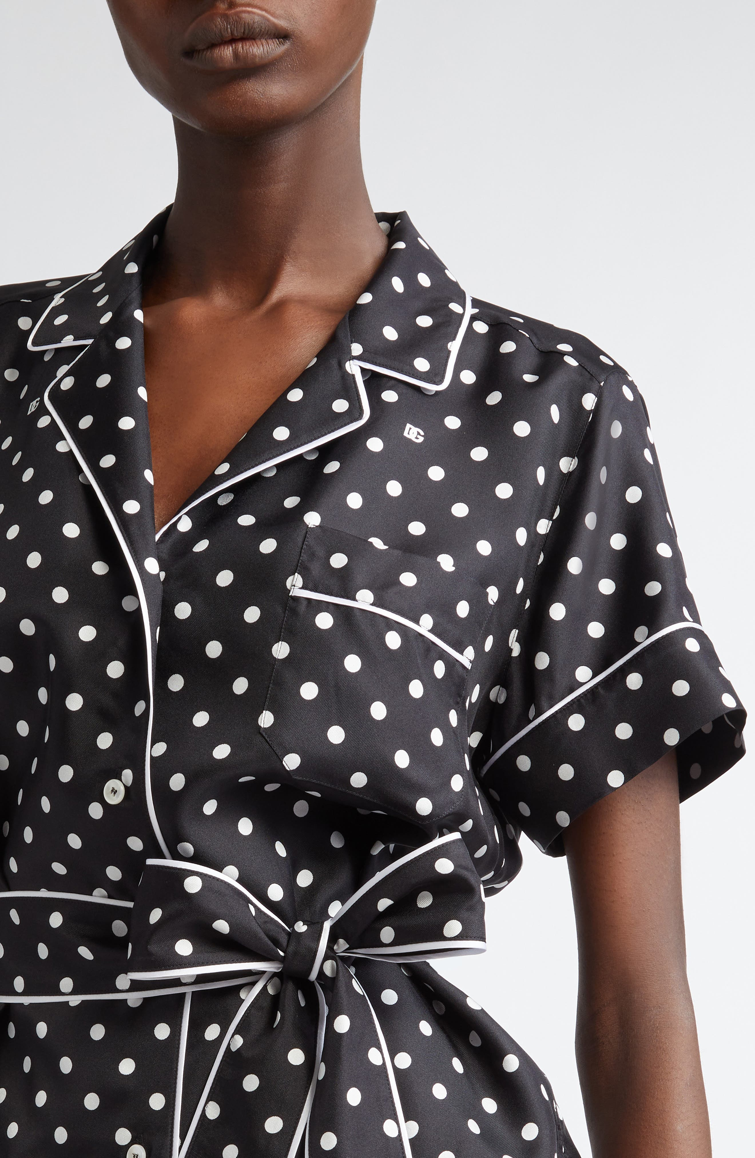 Dolce&Gabbana Polka Dot Belted Silk Pajama Shirt in Nero at Nordstrom - 5