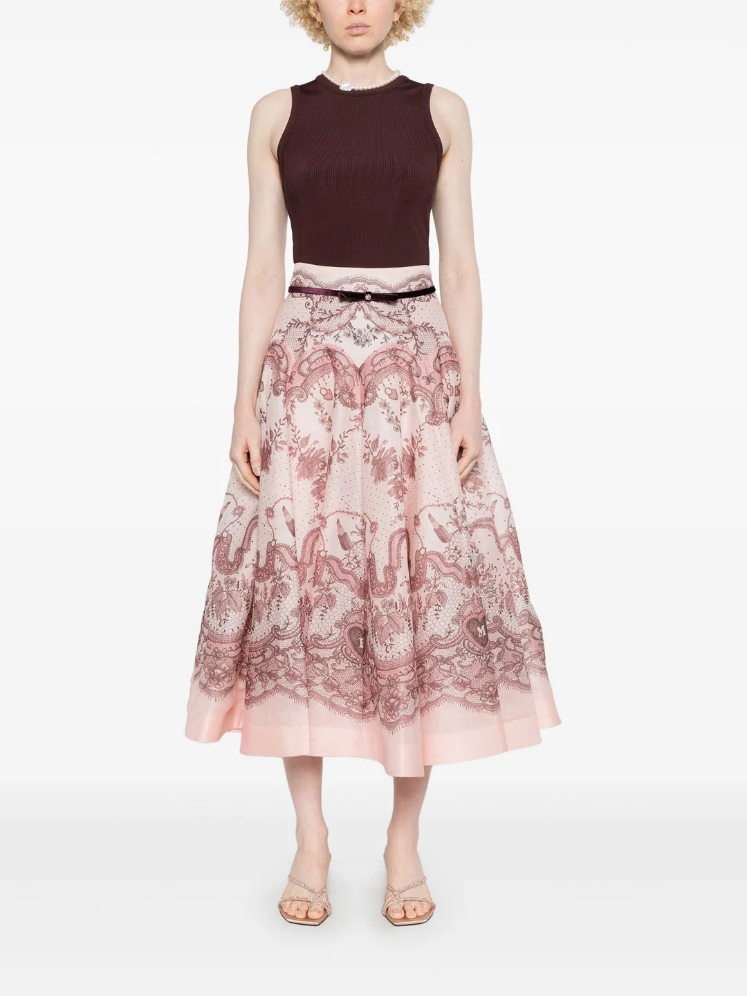 【Zimmermann】CRUSH FLARED MIDI SKIRT フレア ミディスカート Crush Flared Midi Skirt Pink Lace Print Online | Zimmermann