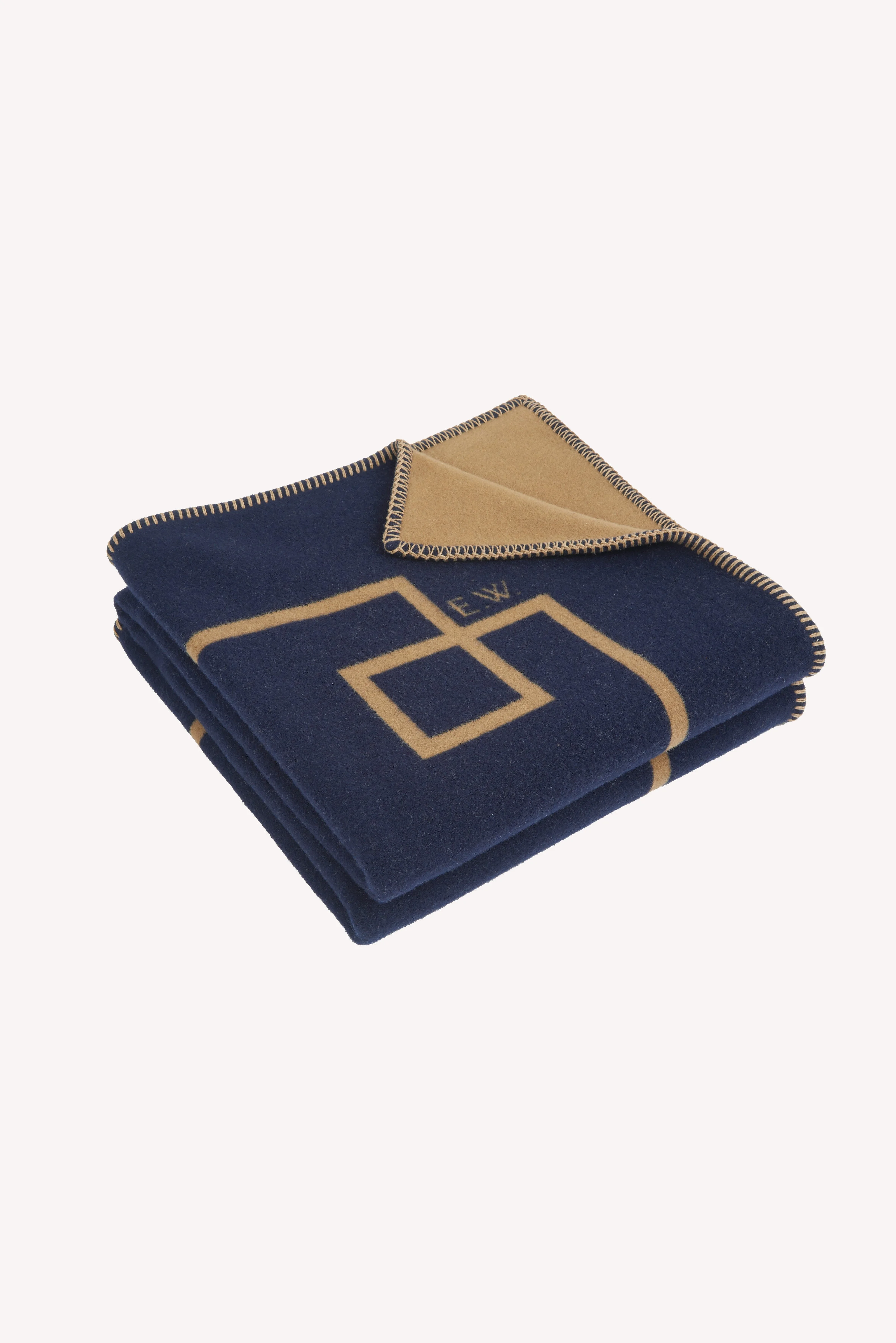 Roma Geometric Detail Blanket in Camel & Navy Wool - 1