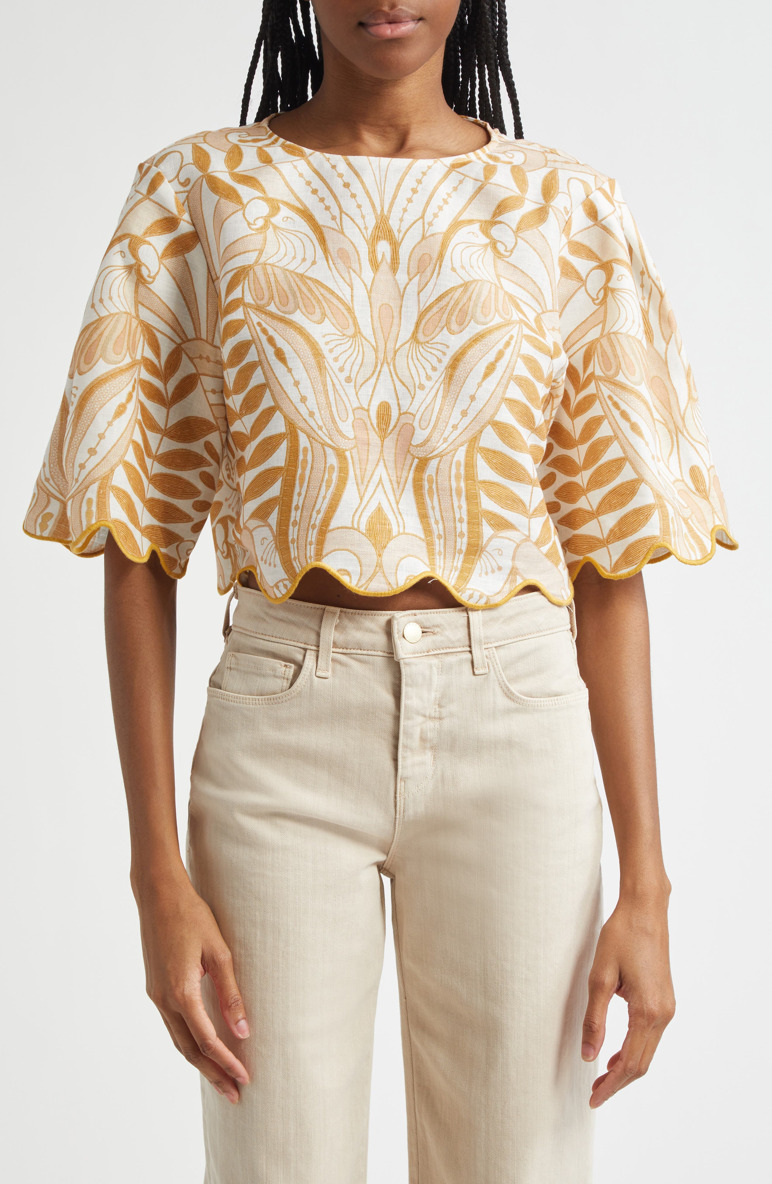 FARM Rio Lace Nature Linen Top in Off-White at Nordstrom - 1