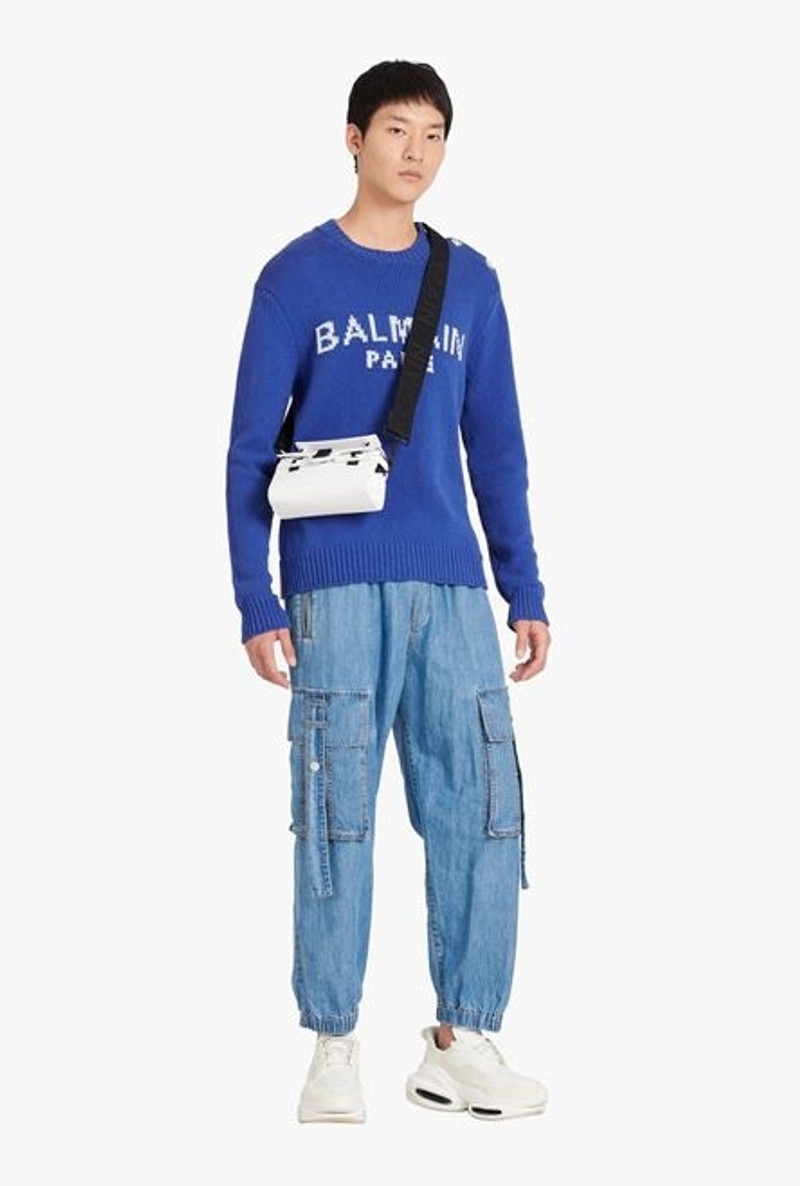 Balmain HIGH SUMMER CAPSULE - “Gitane” blue cotton sweater with embroidered white Balmain Paris logo outlook