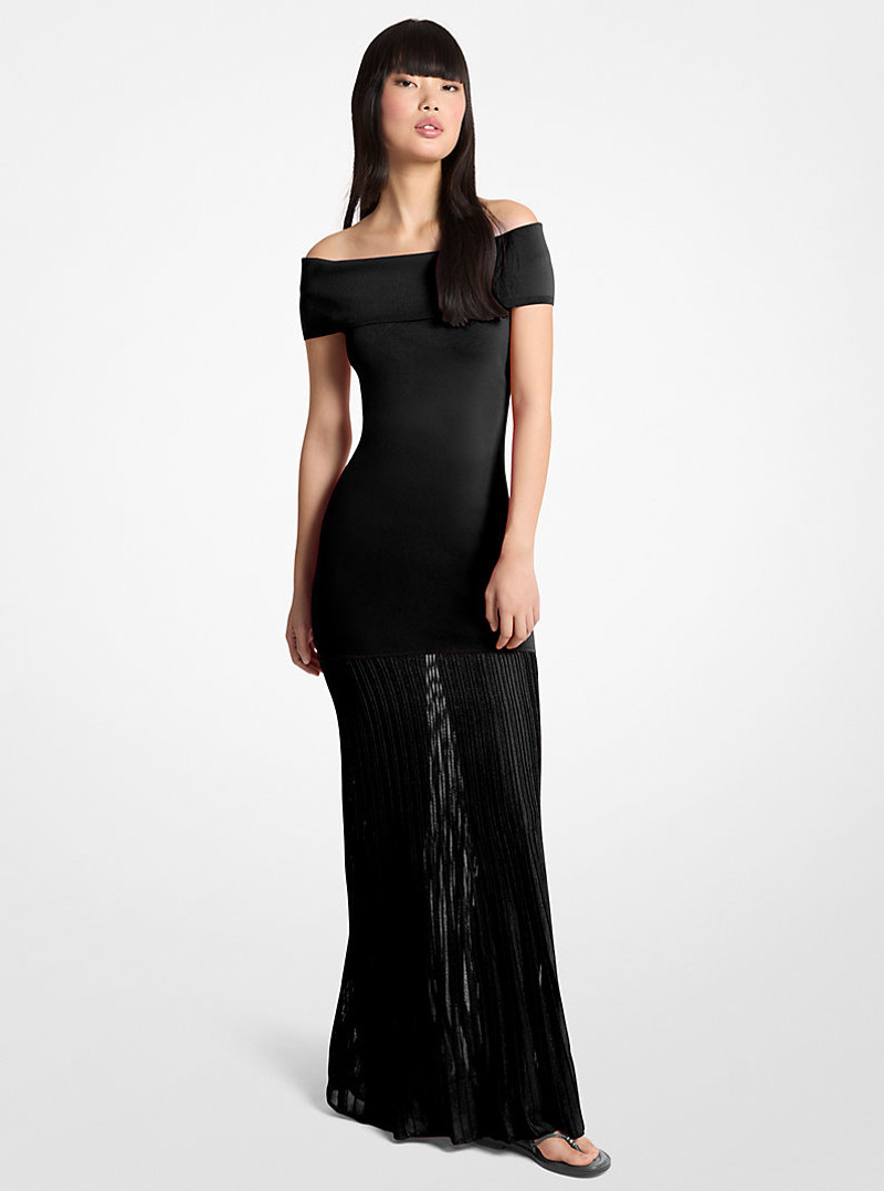 Pleated Stretch Knit Off-The-Shoulder Maxi Dress 1