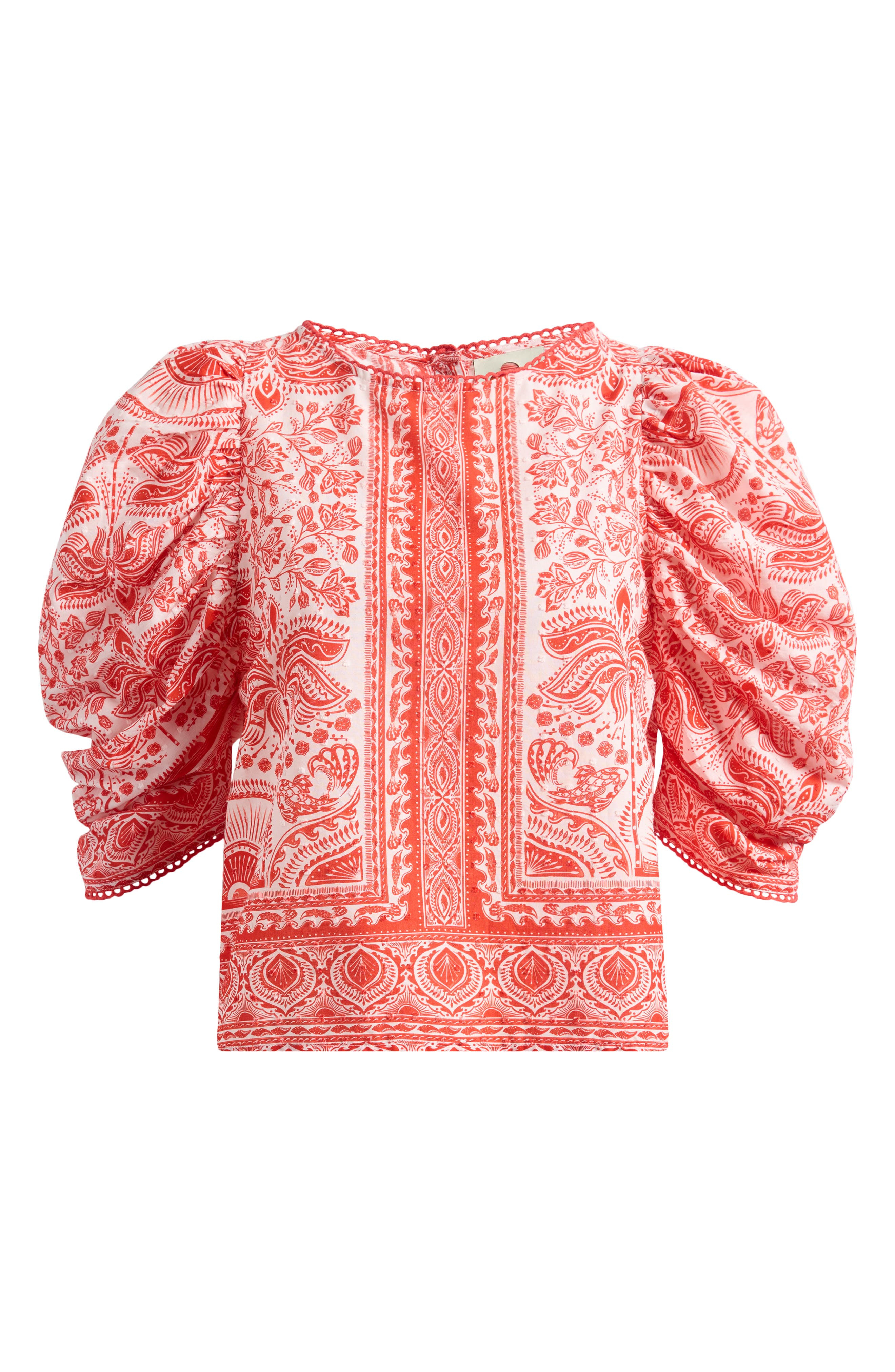 FARM Rio River Ride Puff Sleeve Cotton Top in Red at Nordstrom - 1