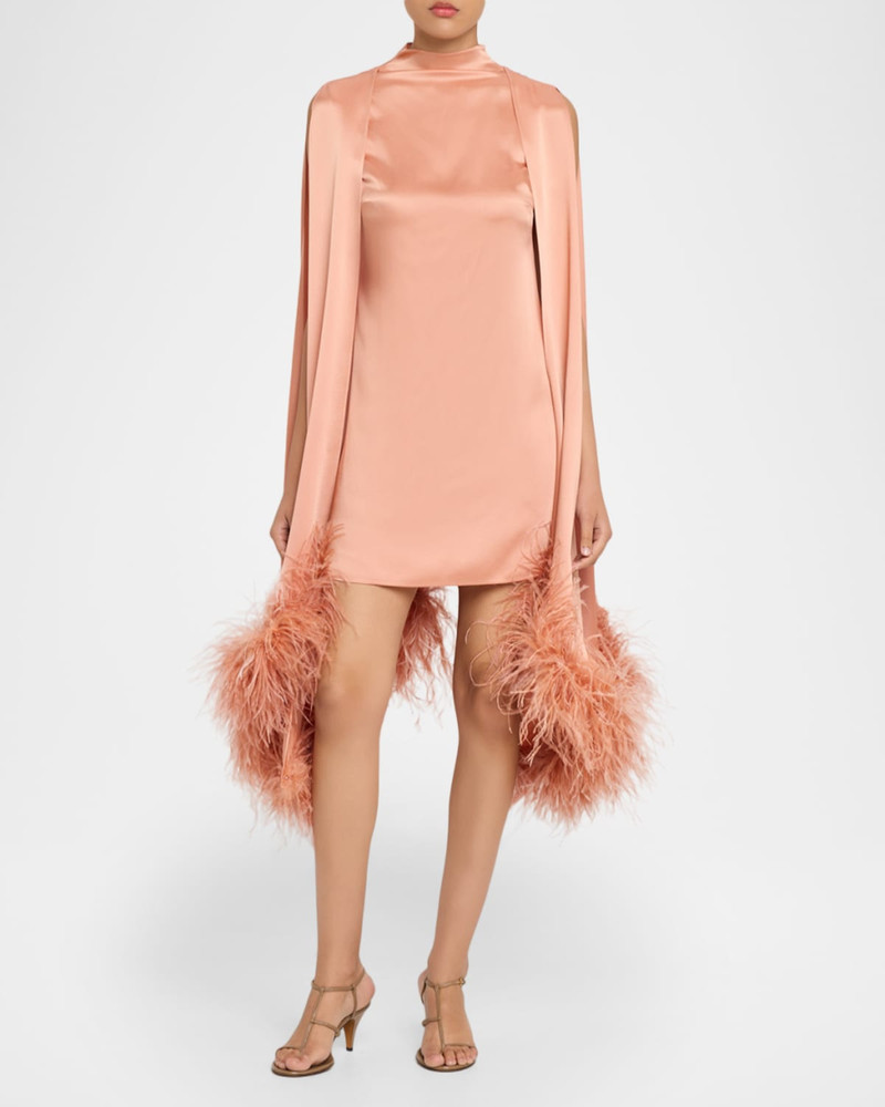 LAPOINTE Feather Trim Satin Cape Sleeve Mini Dress outlook