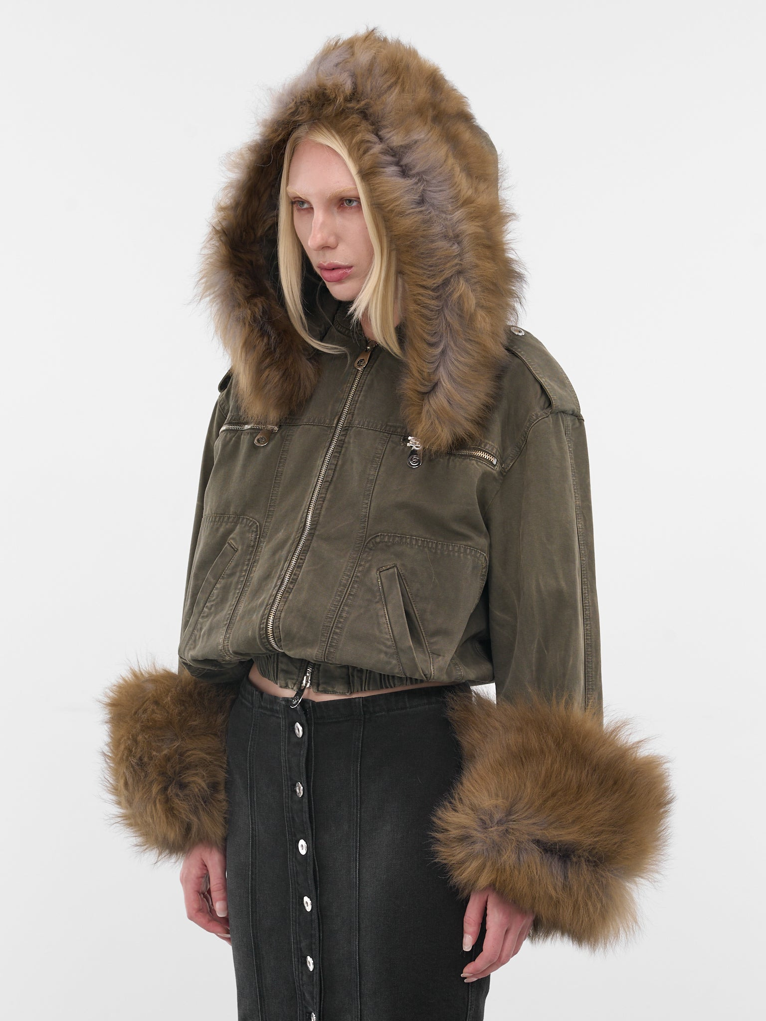 Green Fur Hood Cropped Bomber - 2