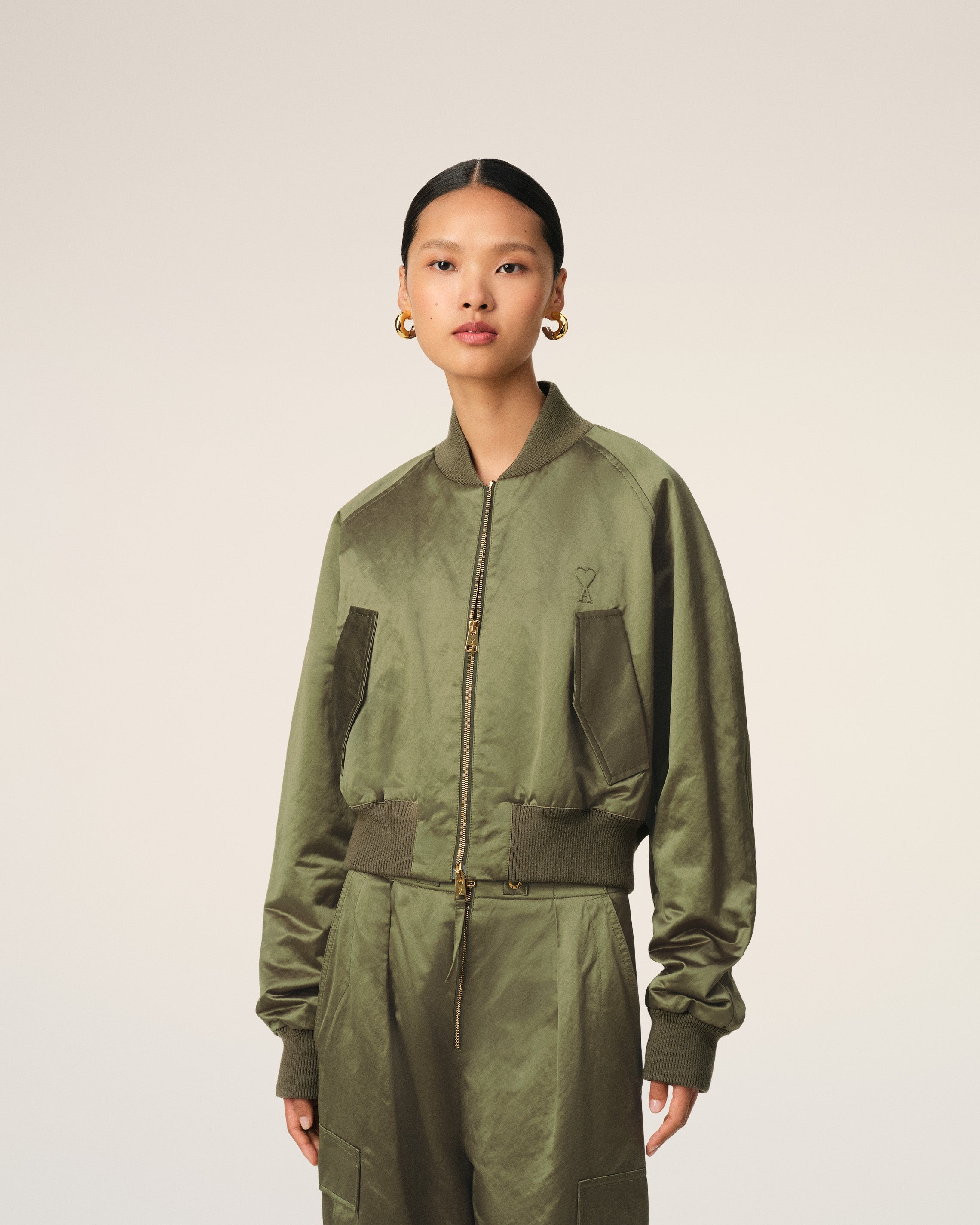 GREEN COTTON SATIN AMI DE COEUR BOMBER - 3