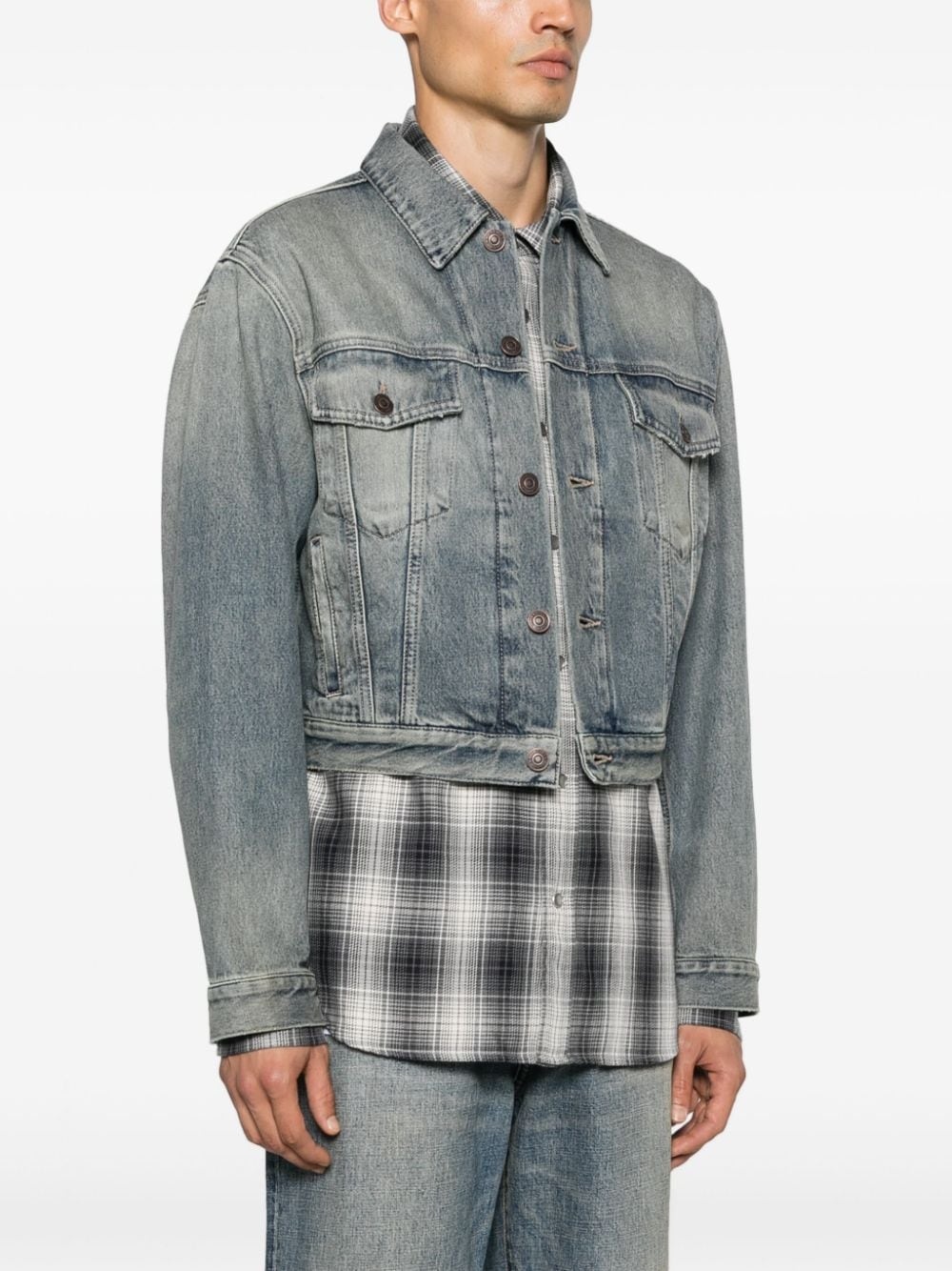 【バレンシアガ】 Jackets - Denim Jackets ジャケット Balenciaga Washed Denim Jacket in Blue Green with BB Logo 46