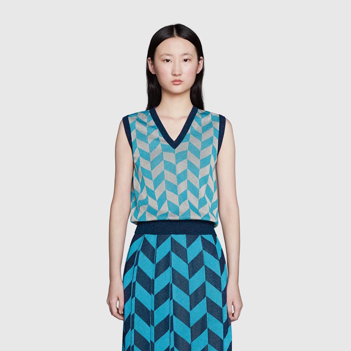 Chevron stitch lamé jacquard vest - 3