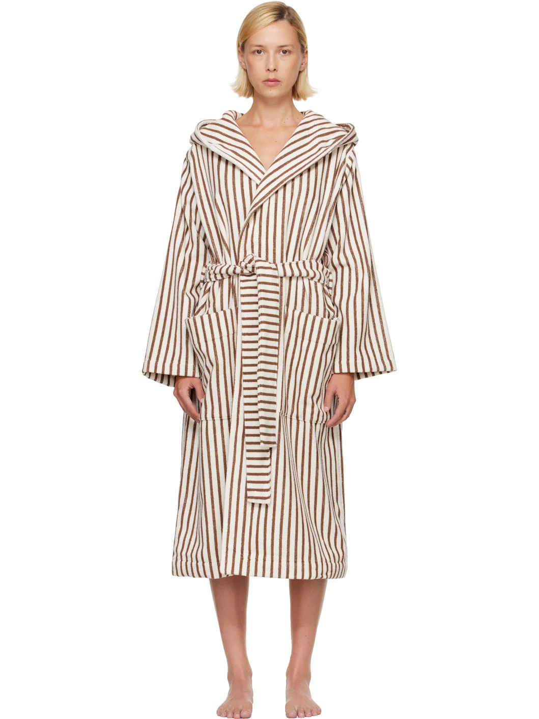 Brown & White Terry Hooded Bathrobe - 1