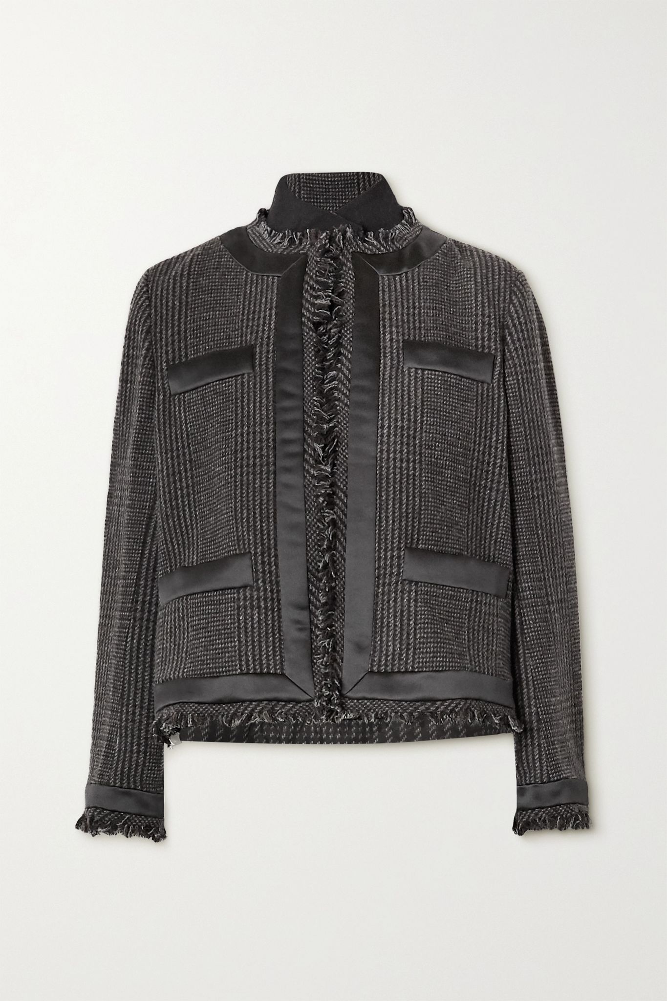 Fringed satin-trimmed Prince of Wales checked wool-blend and quilted shell jacket - 1