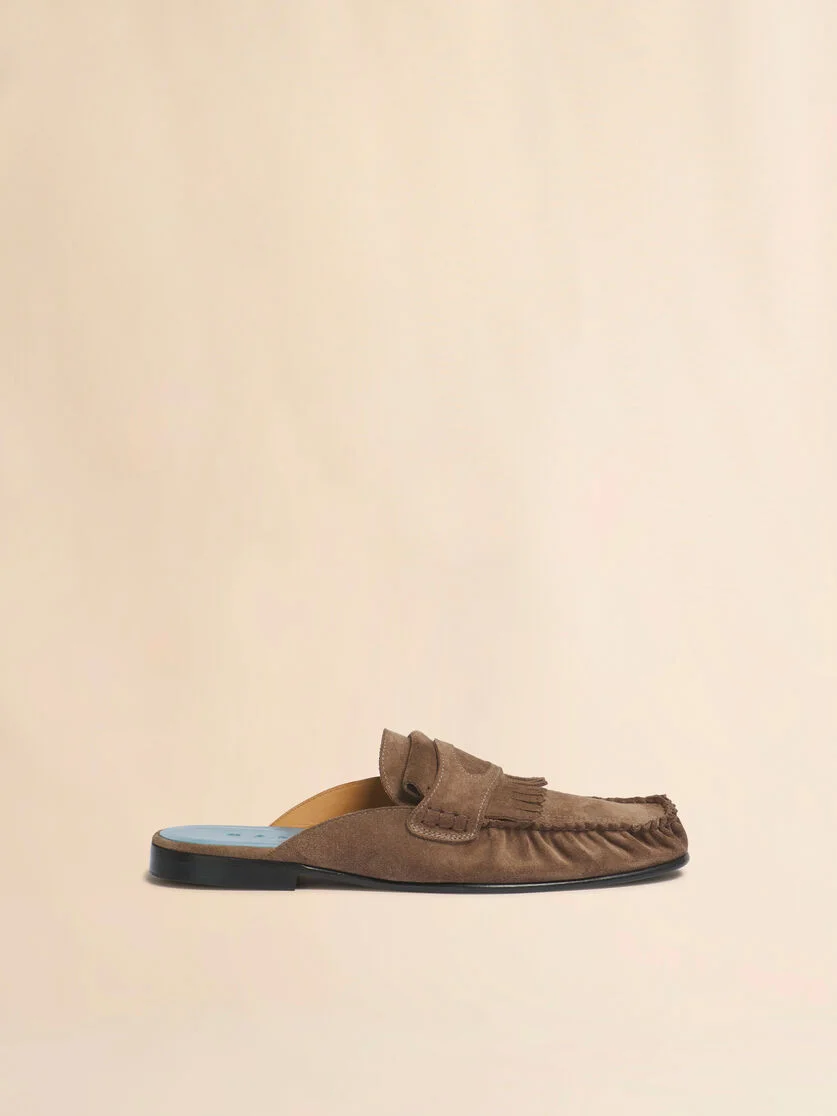 BROWN SUEDE SABOT WITH FRINGE TRIM - 1