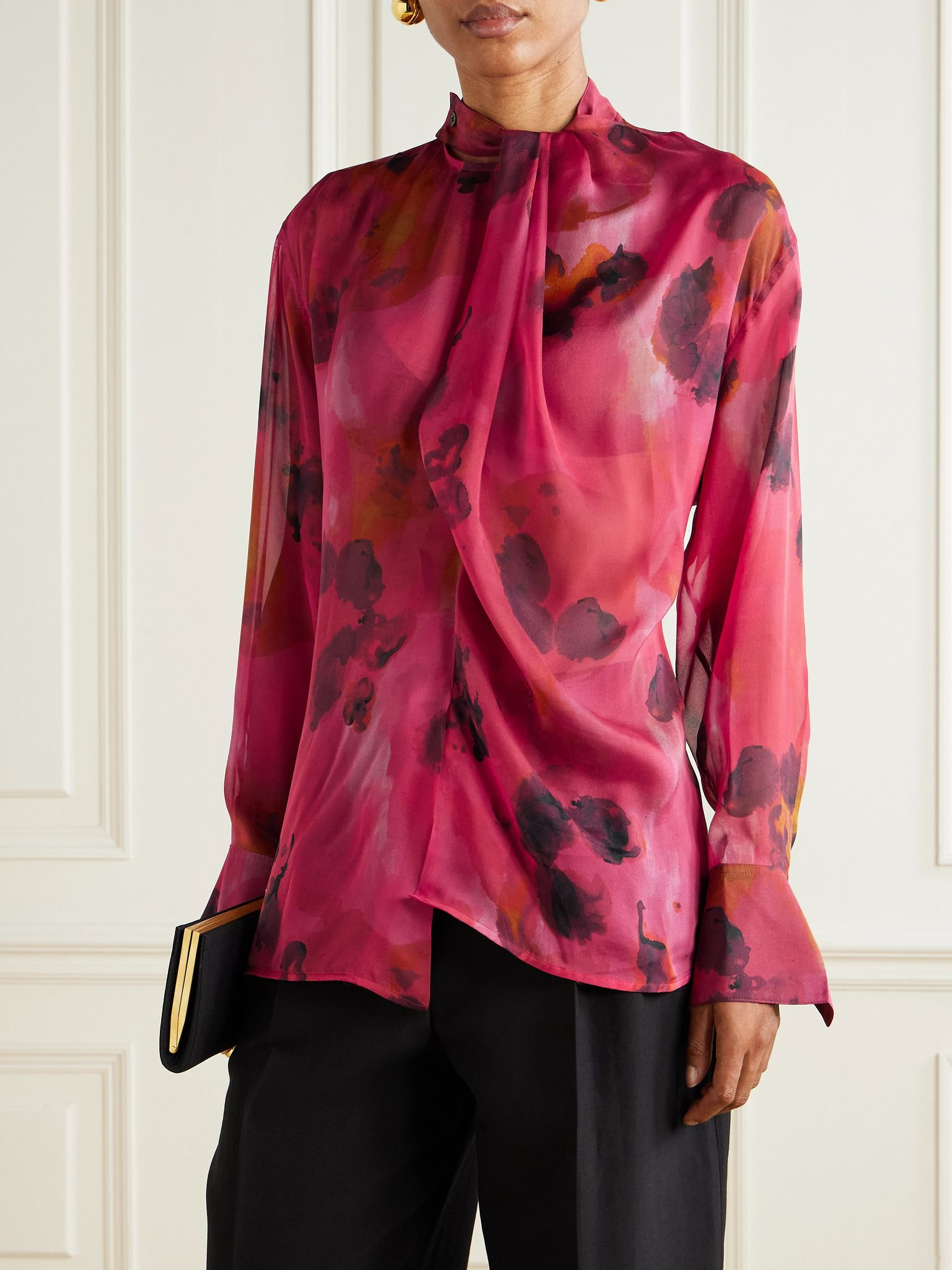 Draped floral-print silk-chiffon wrap blouse Pink - 3