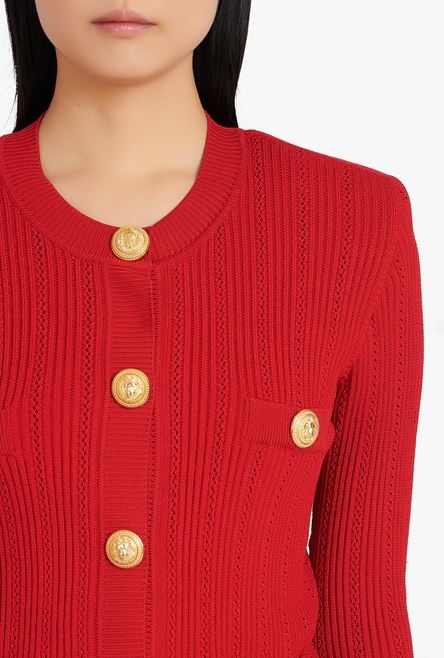 Cropped red eco-designed knit cardigan with gold-tone buttons - 6