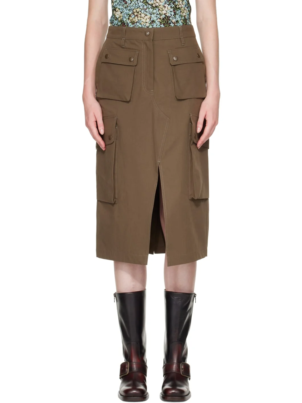 Khaki Cotton Poplin Cargo Midi Skirt - 1