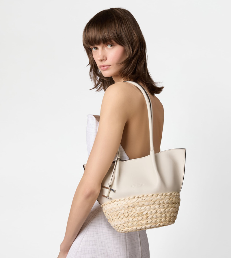 Tod's SHOPPING BAG IN STRAW AND LEATHER SMALL - WHITE, NATURAL outlook