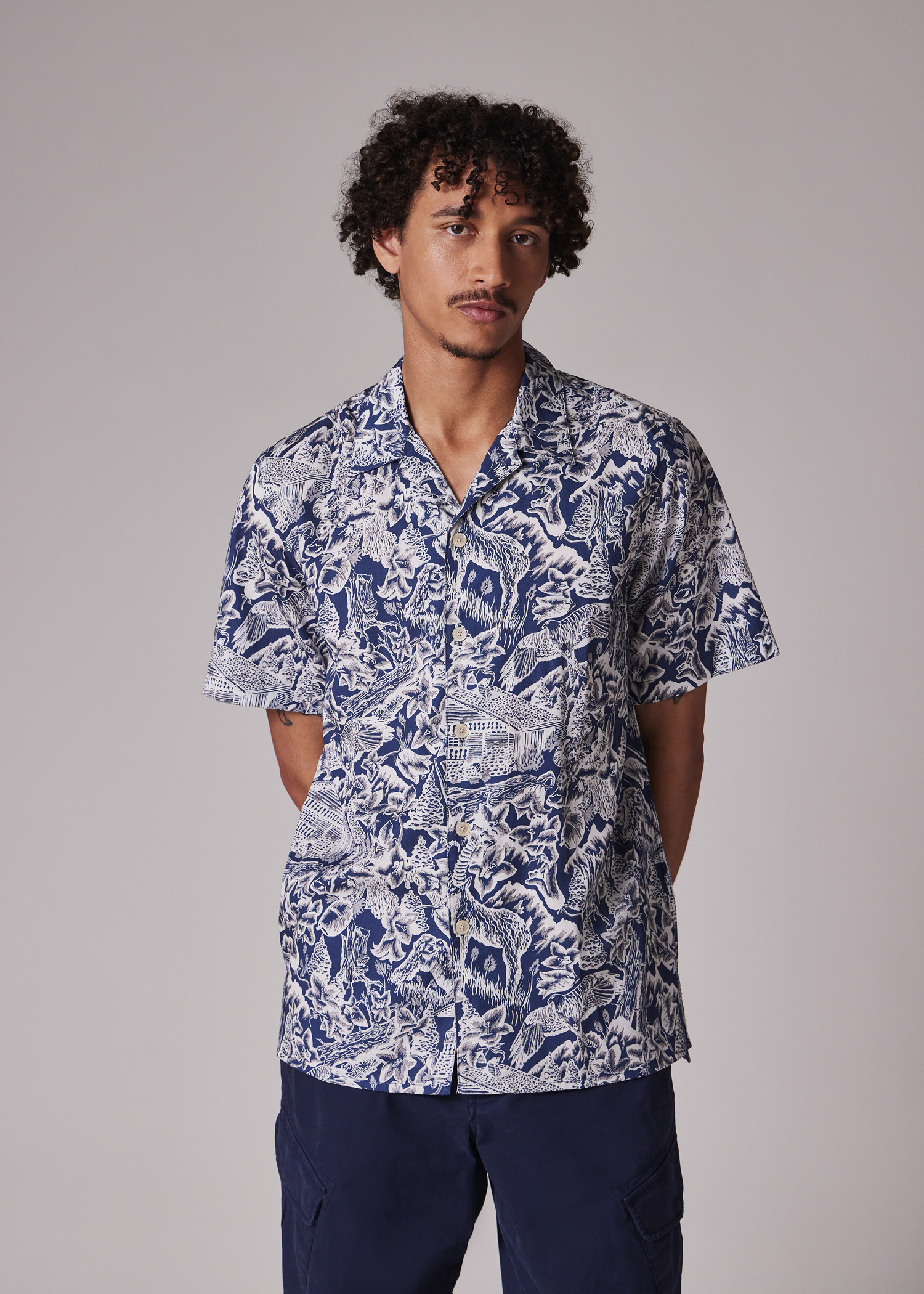 Casual-Fit Navy and White 'Chalet' Print Shirt - 6