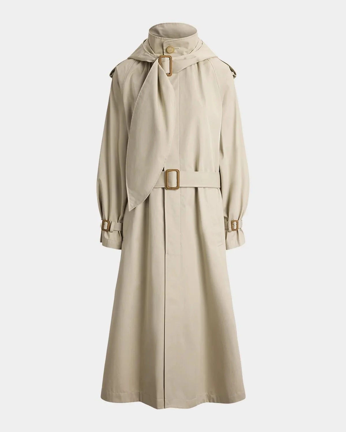 Buckled-Scarf Hooded Trench Coat - 1