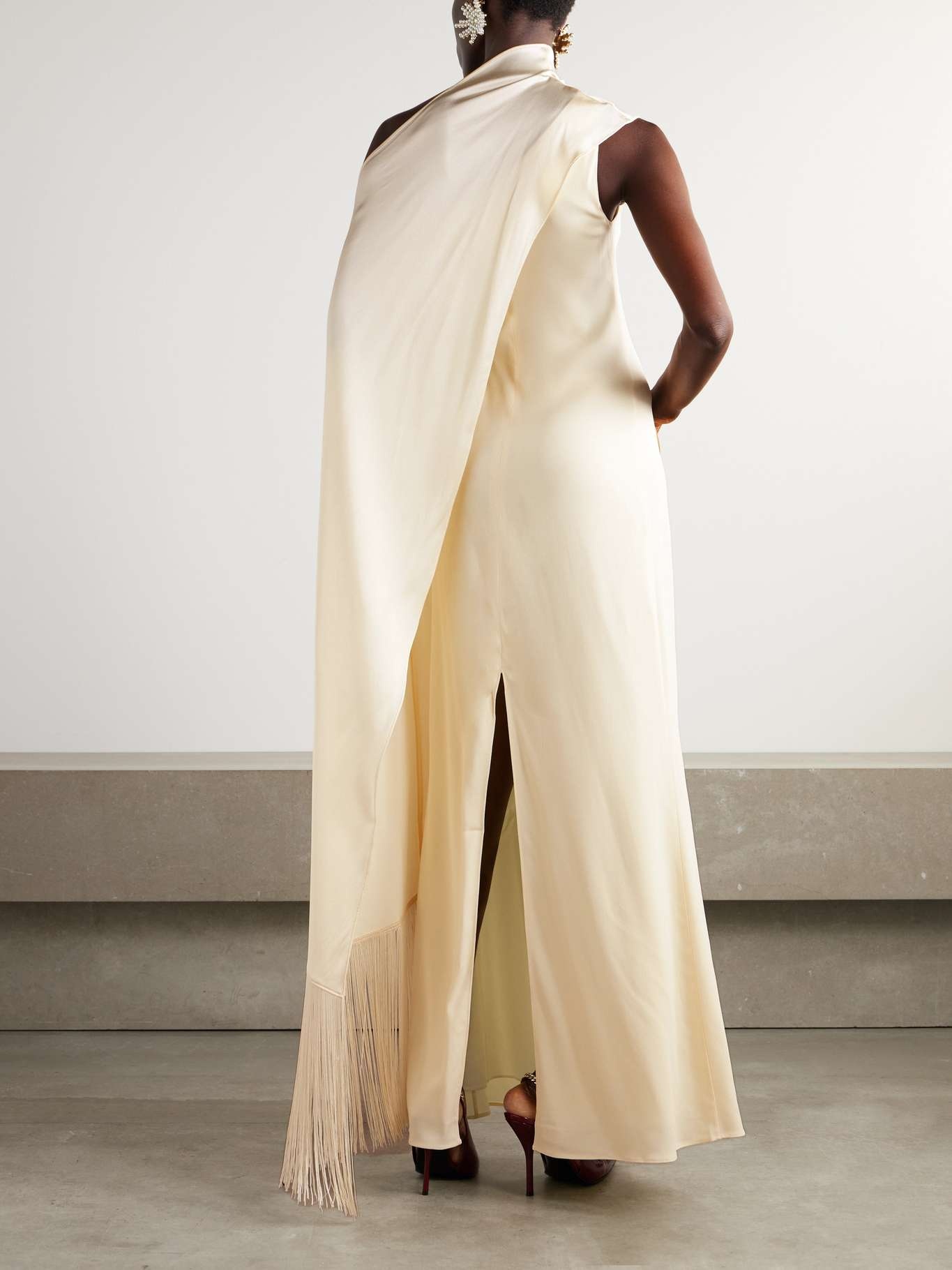 Berenson draped one-shoulder fringed crepe gown - 3