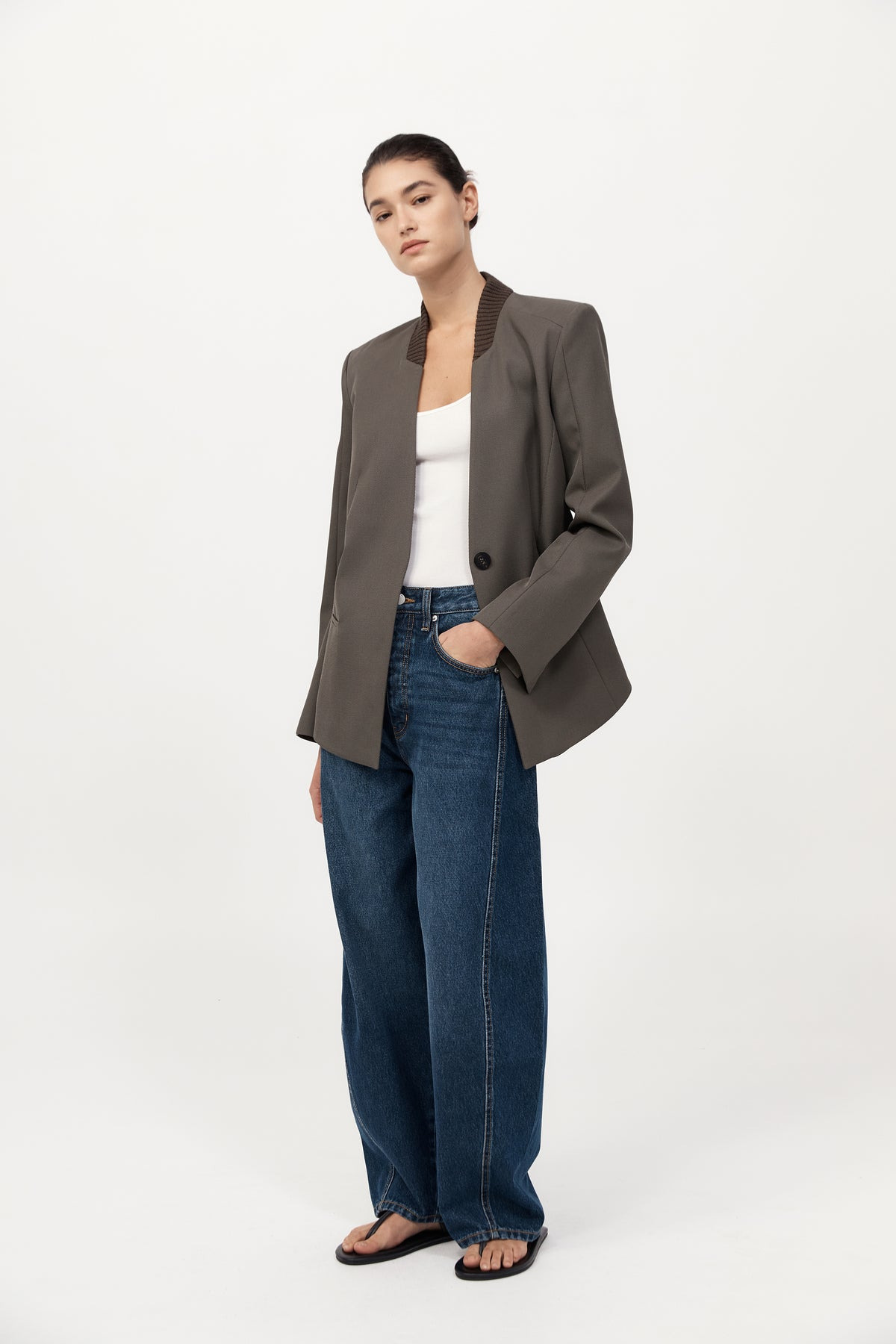 Rib Collar Blazer - Khaki - 5