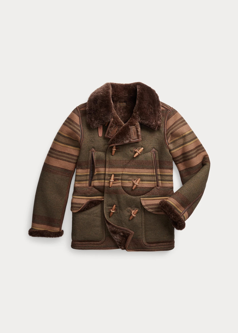 Shearling-Lined Striped Woven Peacoat 1