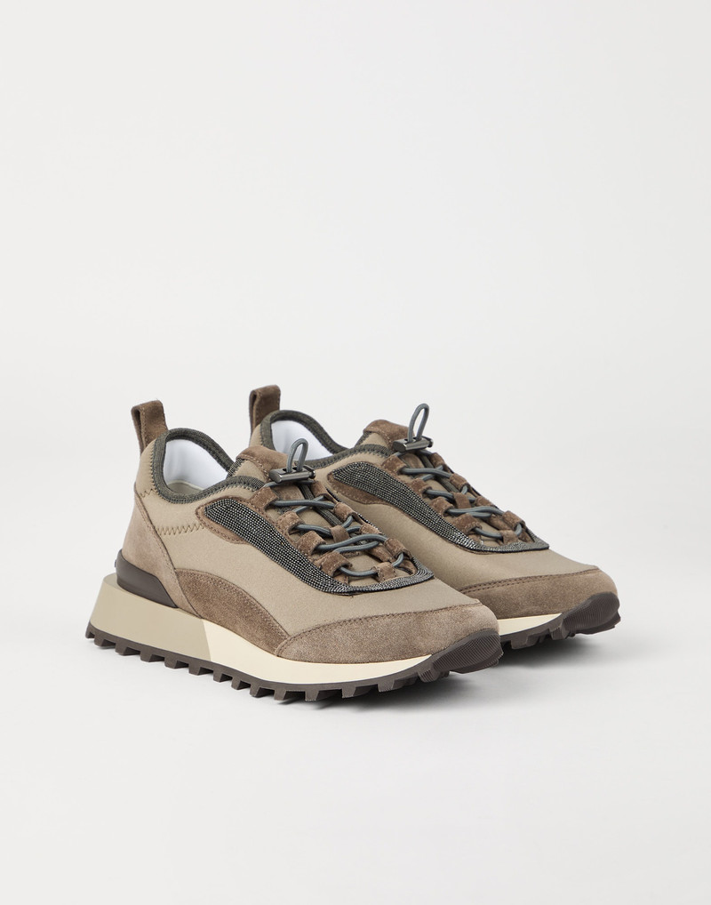 Techno fabric and suede runners with precious trim 1