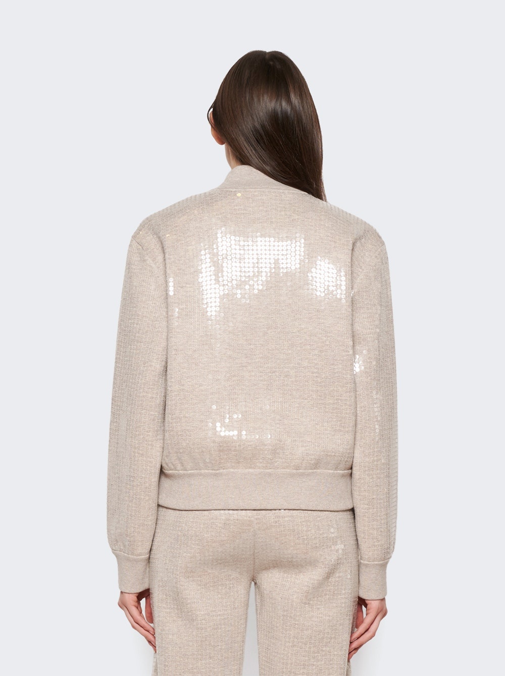 Sequinned Cashmere Cotton Blend Bomber Jacket Beige Melange - 5