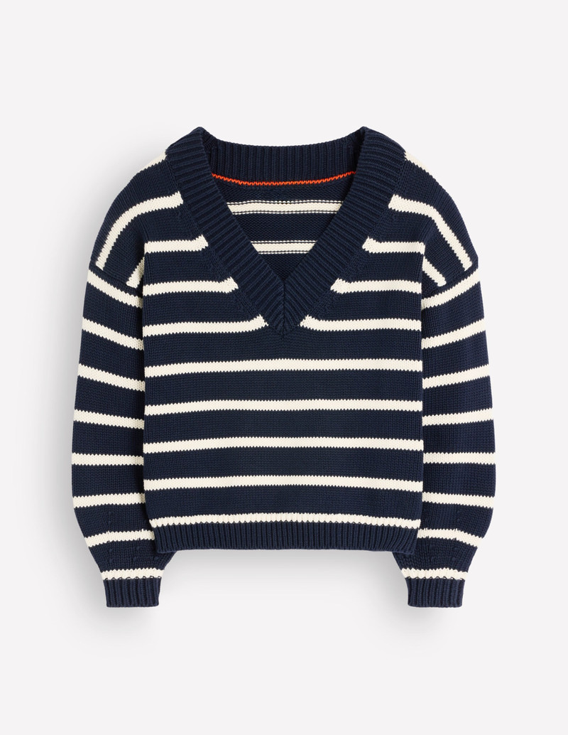 Lucy Cotton V-neck Sweater-Navy, Ivory 1