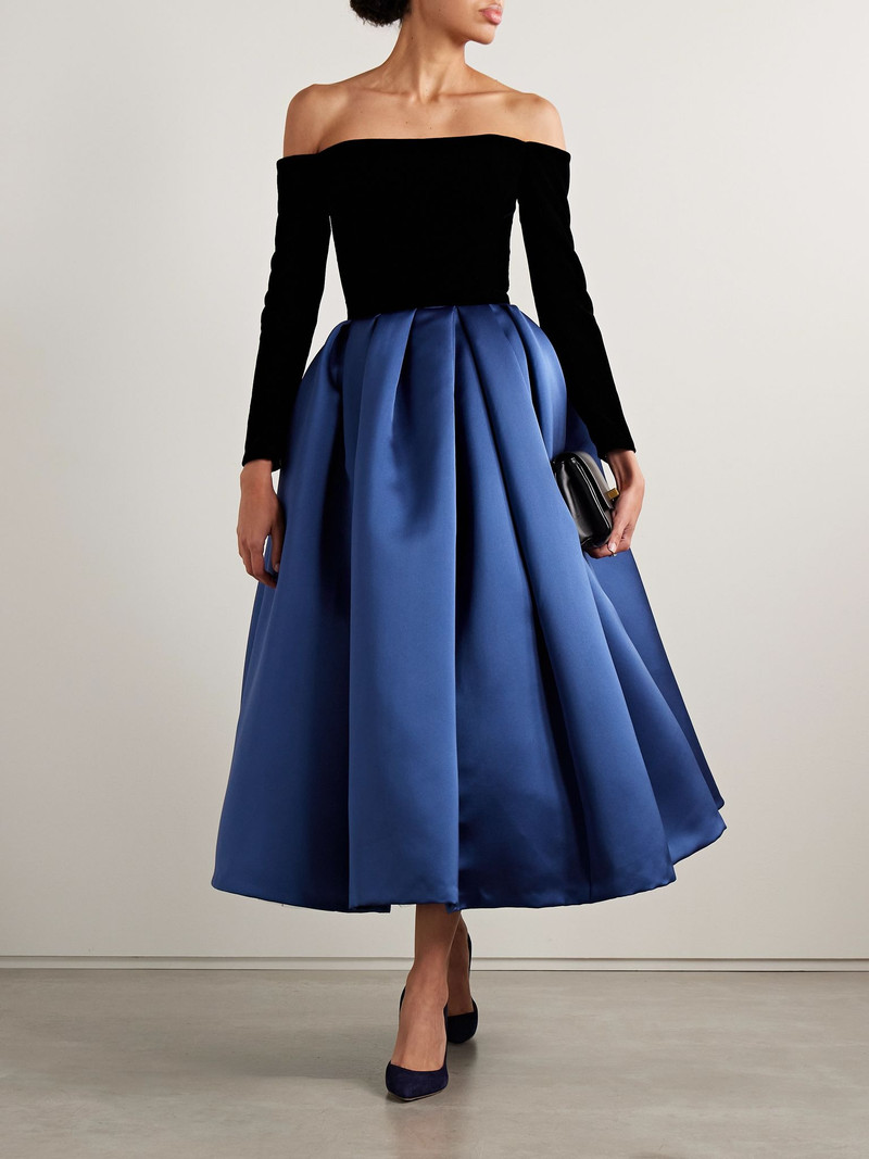 CAROLINA HERRERA Off-the-shoulder velvet and pleated satin gown Navy outlook