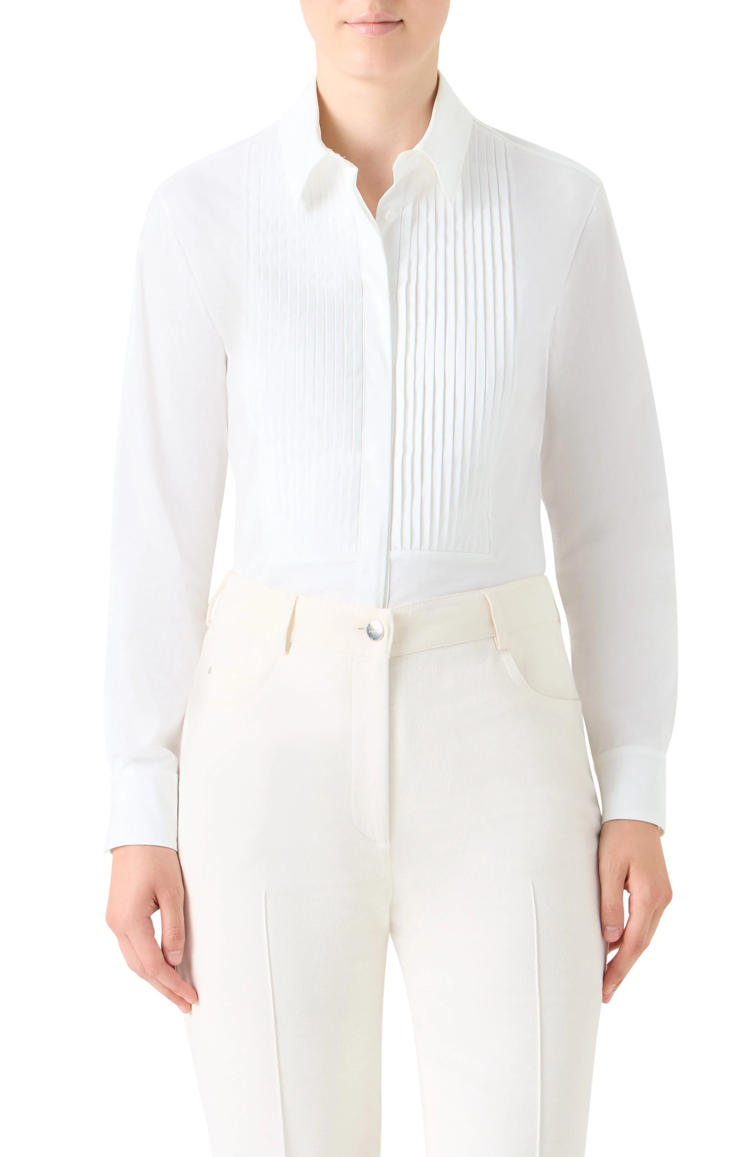 Akris Pleated Bib Stretch Poplin Button-Up Shirt in White at Nordstrom - 1