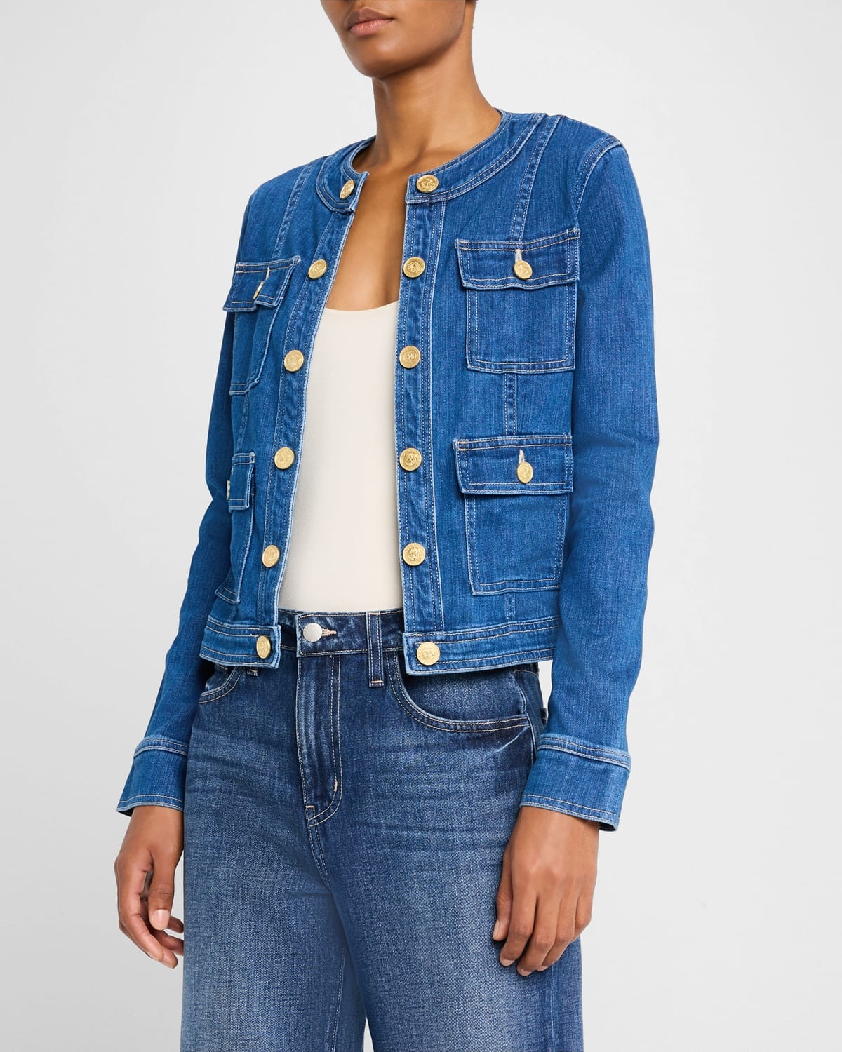 L'AGENCE Yari Faded Collarless Denim Jacket | neimanmarcus