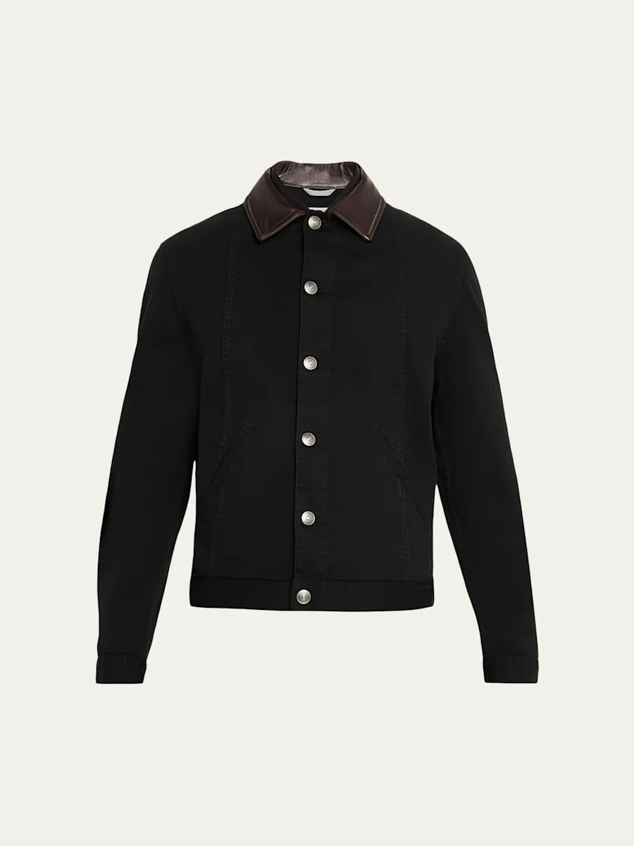 Men's Garment-Dyed Denim Leather-Collar Shirt Jacket - 1