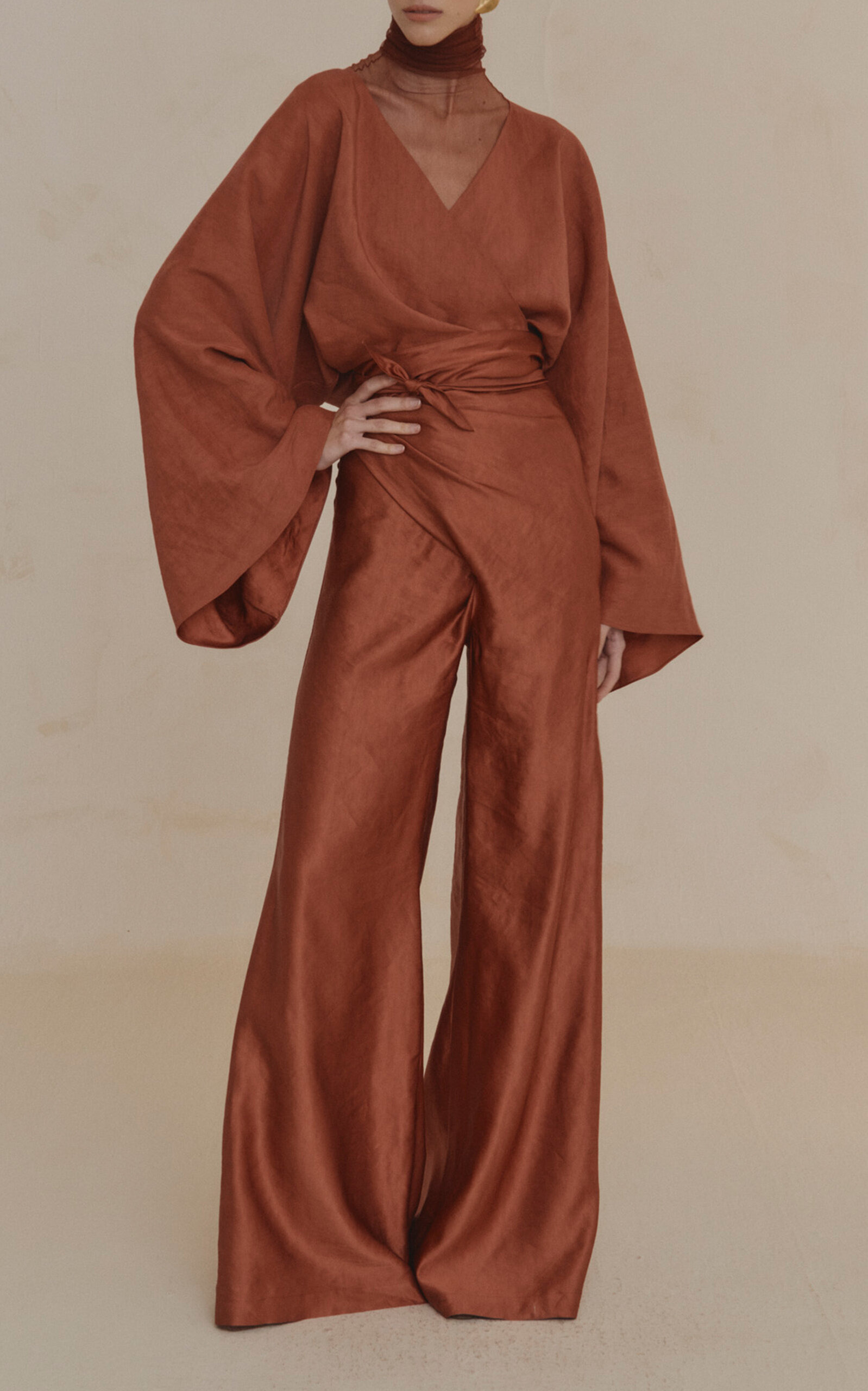 Glow Linen-Blend Wide-Leg Wrap Pants red - 3