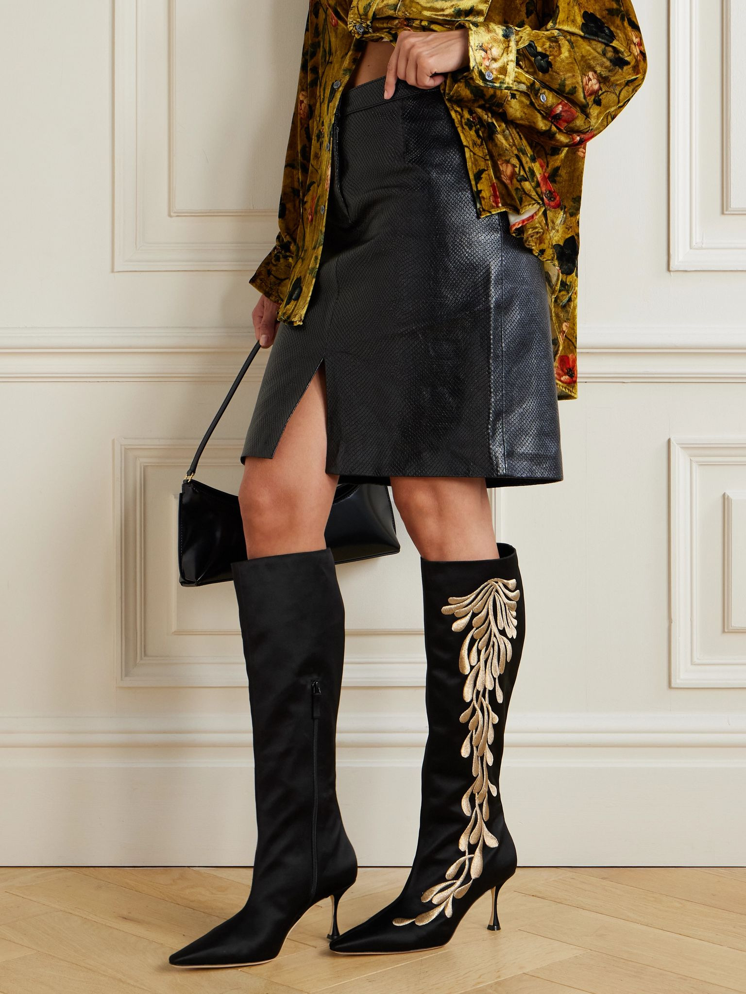 Menki 70 embroidered satin knee boots Black - 2