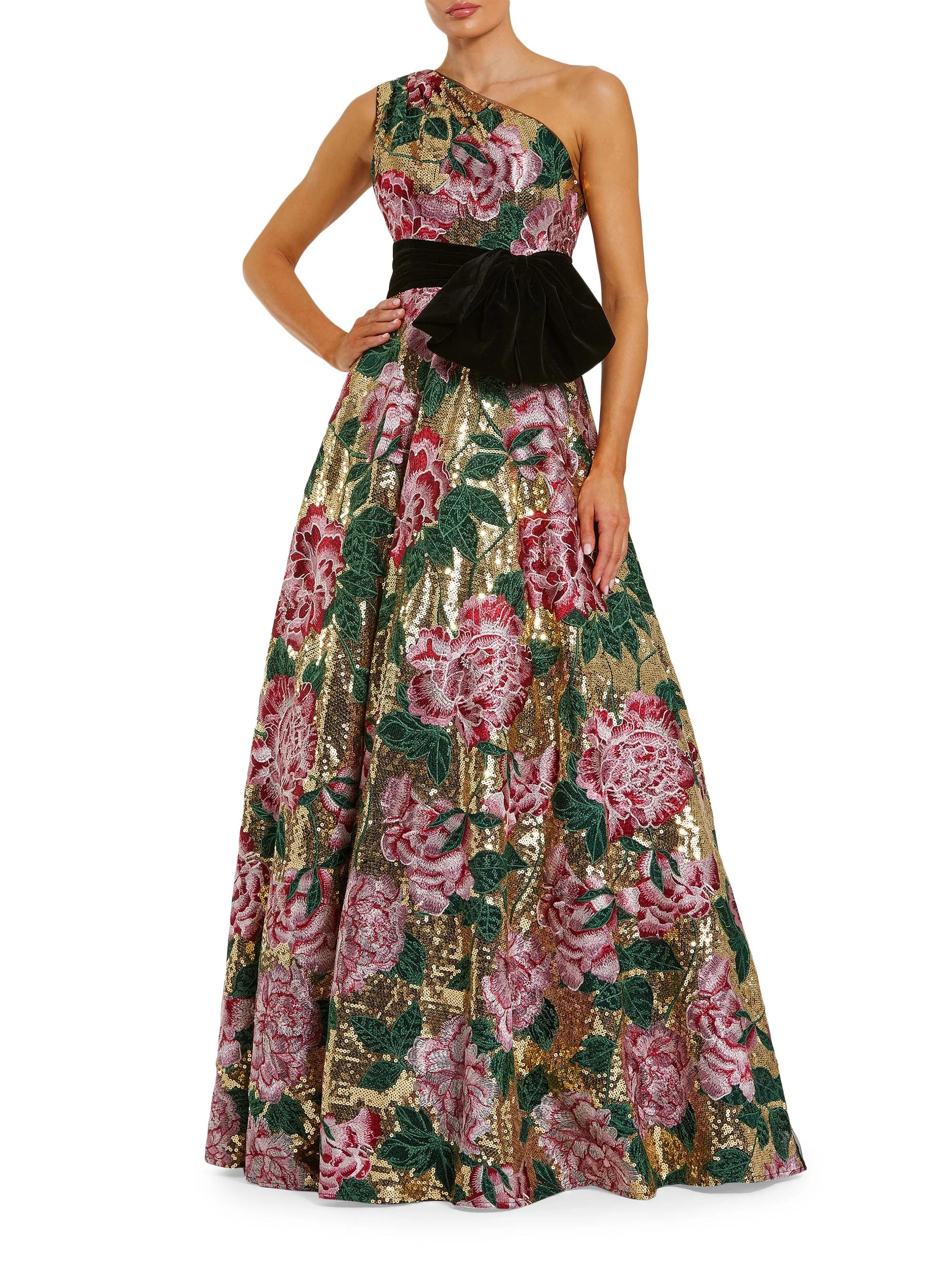 Women's Velvet Bow One-Shoulder Sequin Ballgown - Gold Multi - 1