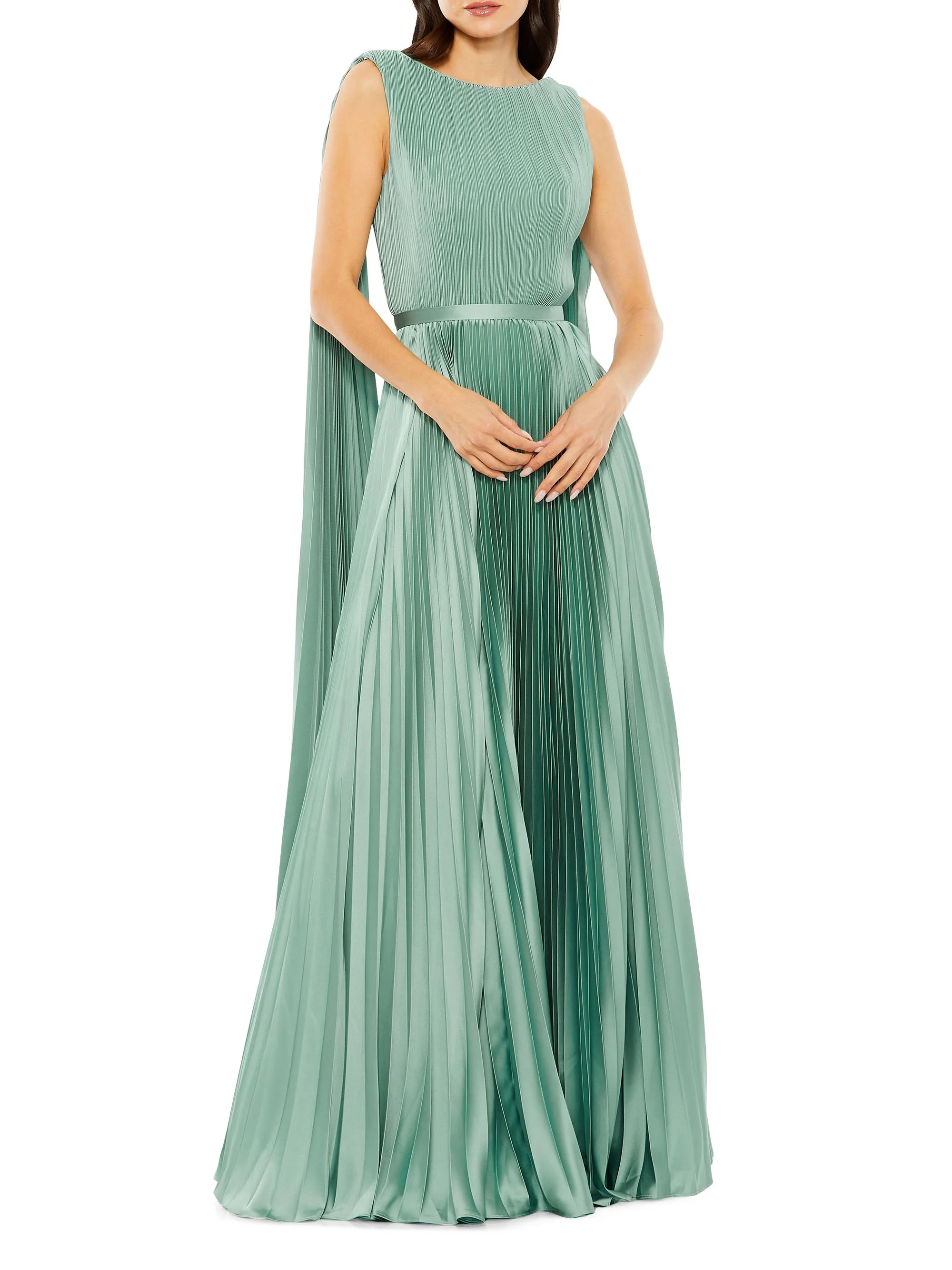 Women's Pleated Charmeuse Cape A-Line Gown - Sage - 1