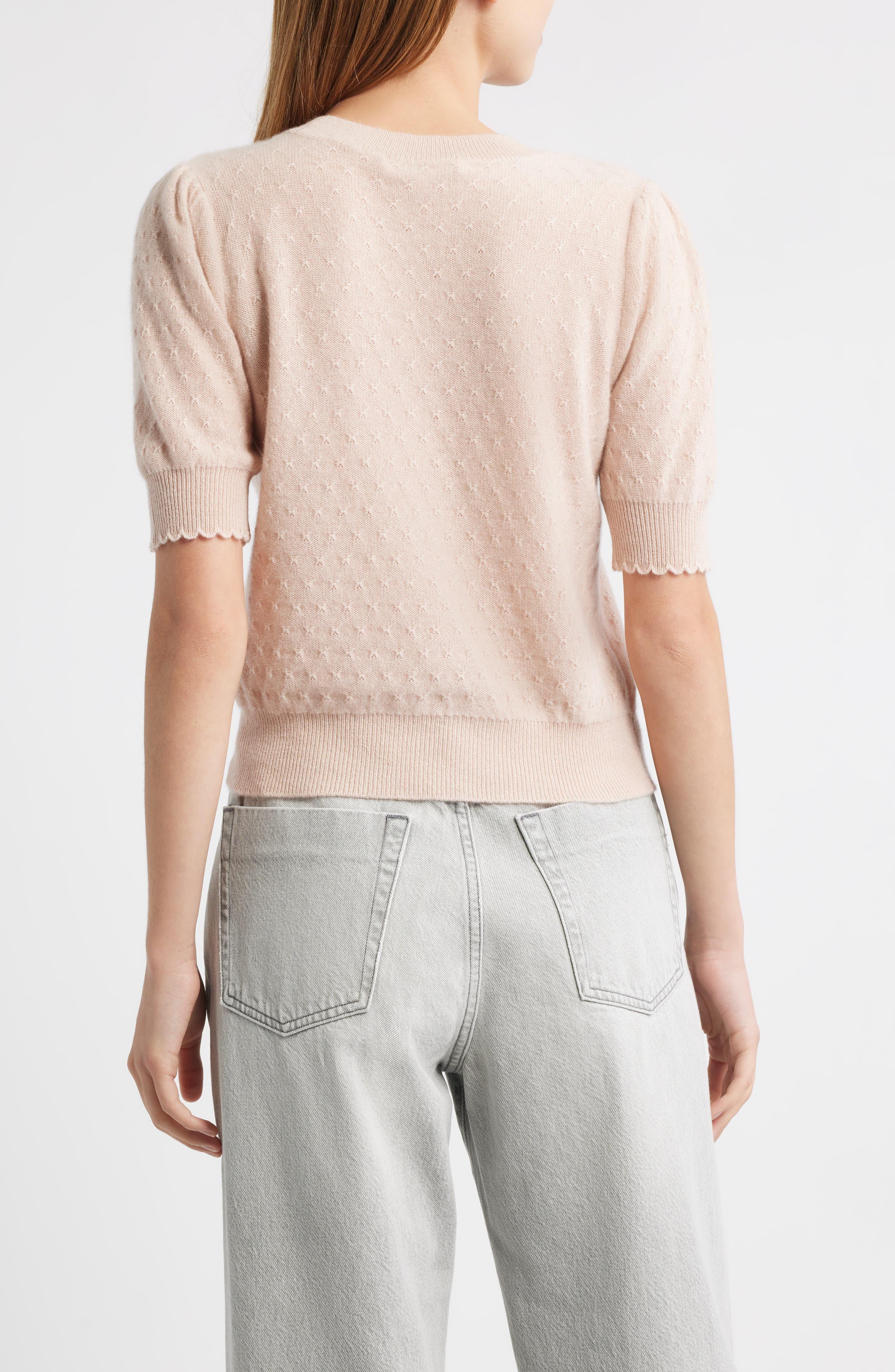 FRAME Puff Sleeve Pointelle Cashmere Sweater in Pink Sand at Nordstrom - 2