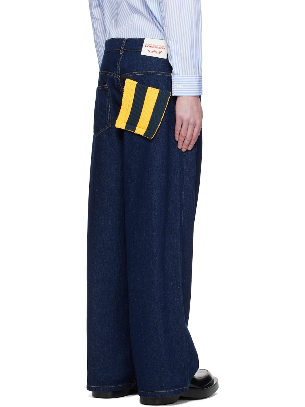 Blue Wide Leg Knit Patch Jeans - 3