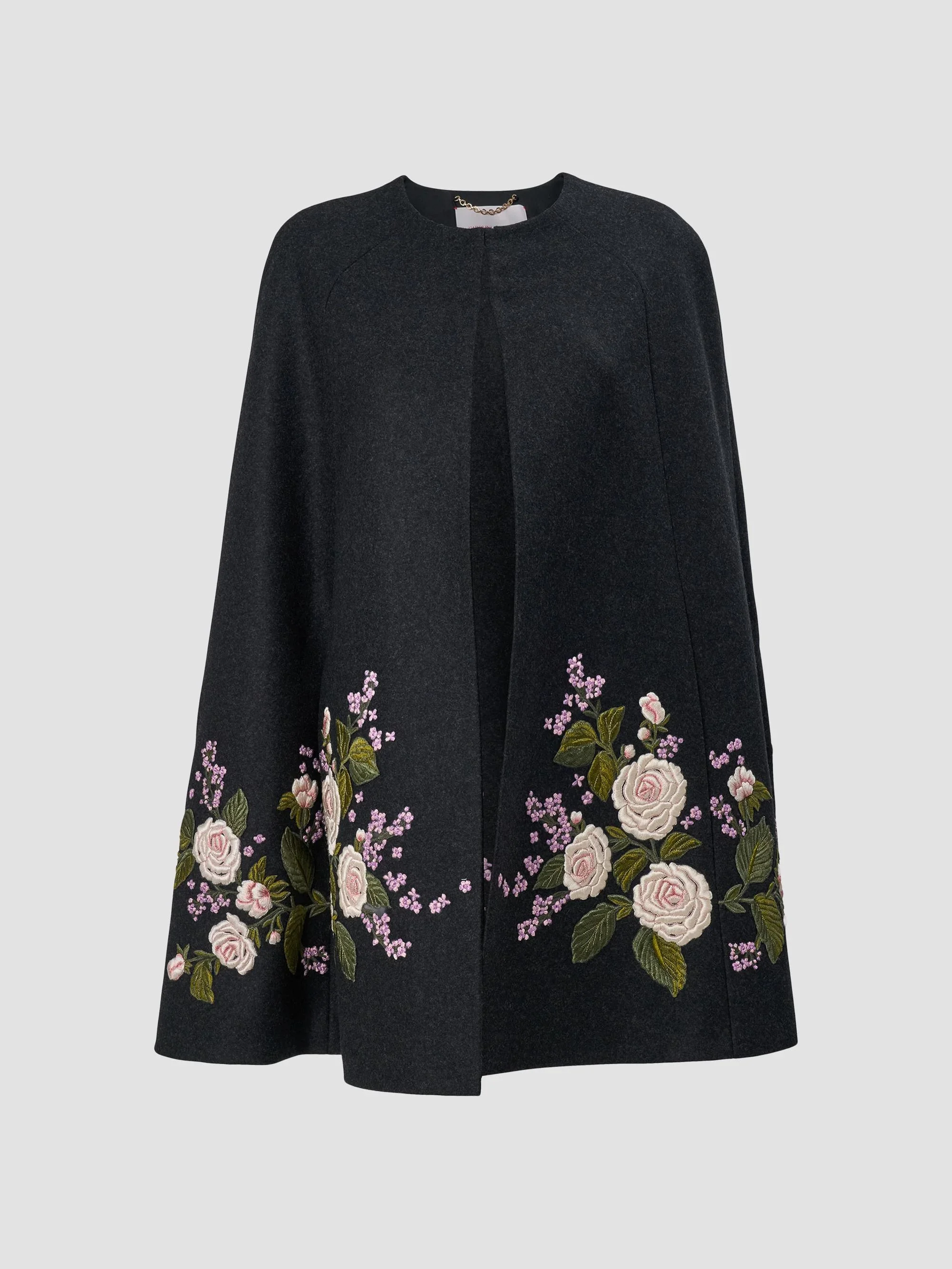 Women's Chalet Floral-Embroidered Virgin-Wool Cape - Charcoal Grey - 1