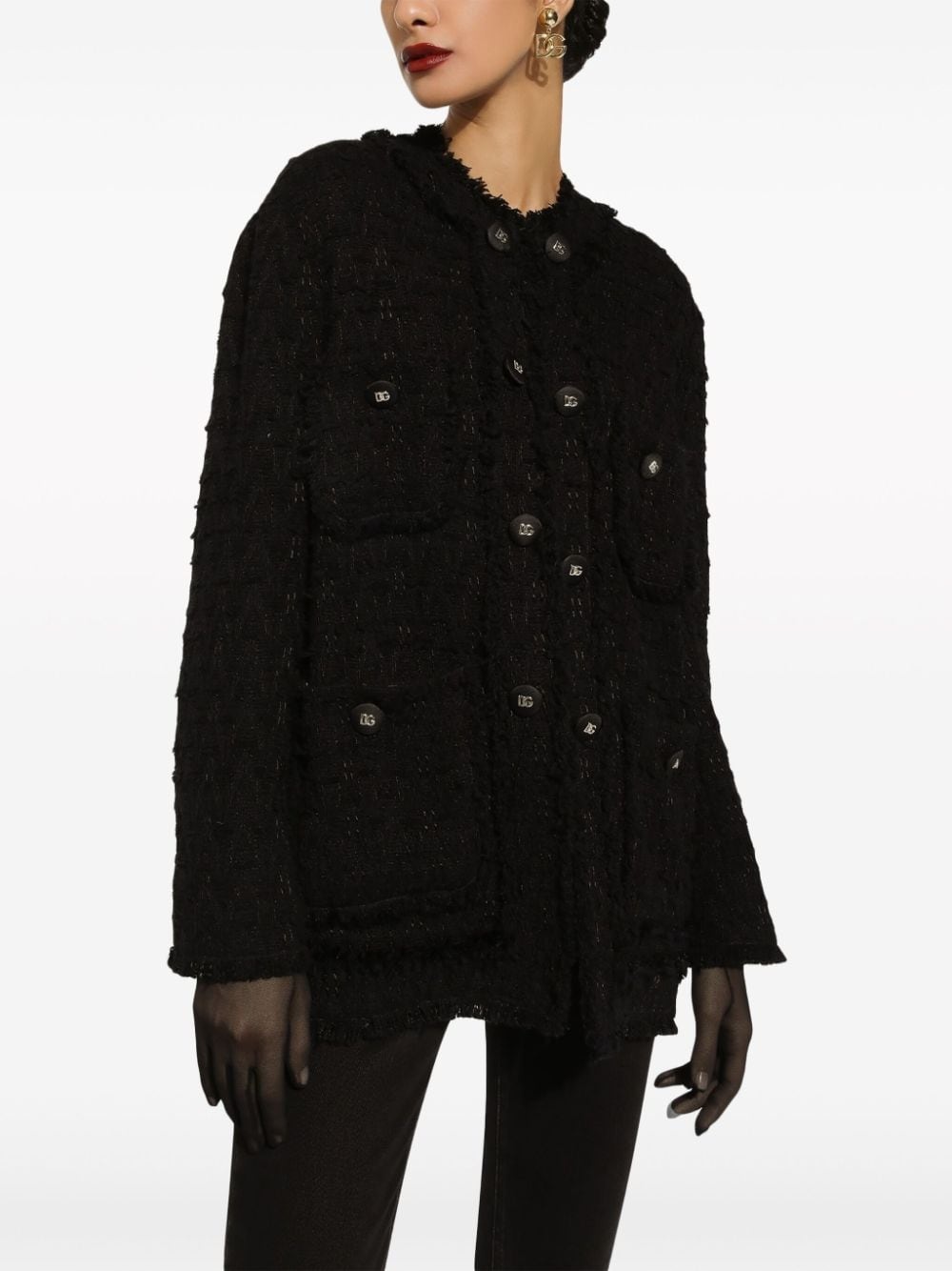 round-neck buttoned tweed jacket - 5