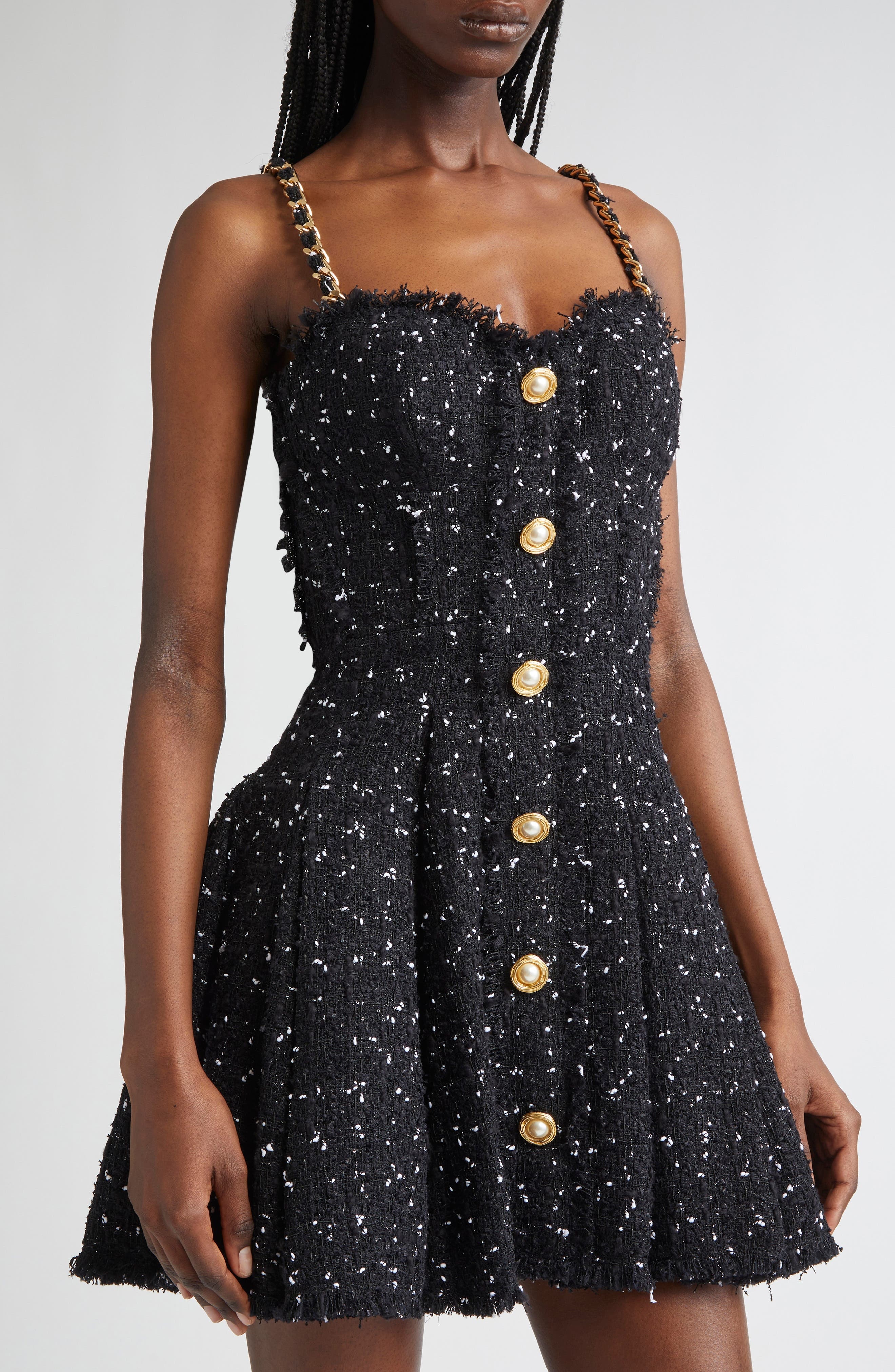 Balmain Chain Strap Polka Dot Tweed Fit & Flare Dress in Blk/White at Nordstrom - 5