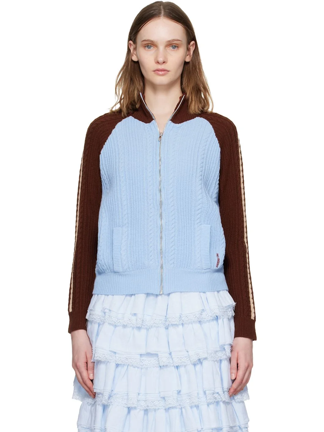 Blue & Brown Color-Block Raglan Sleeve Knit Cardigan - 1