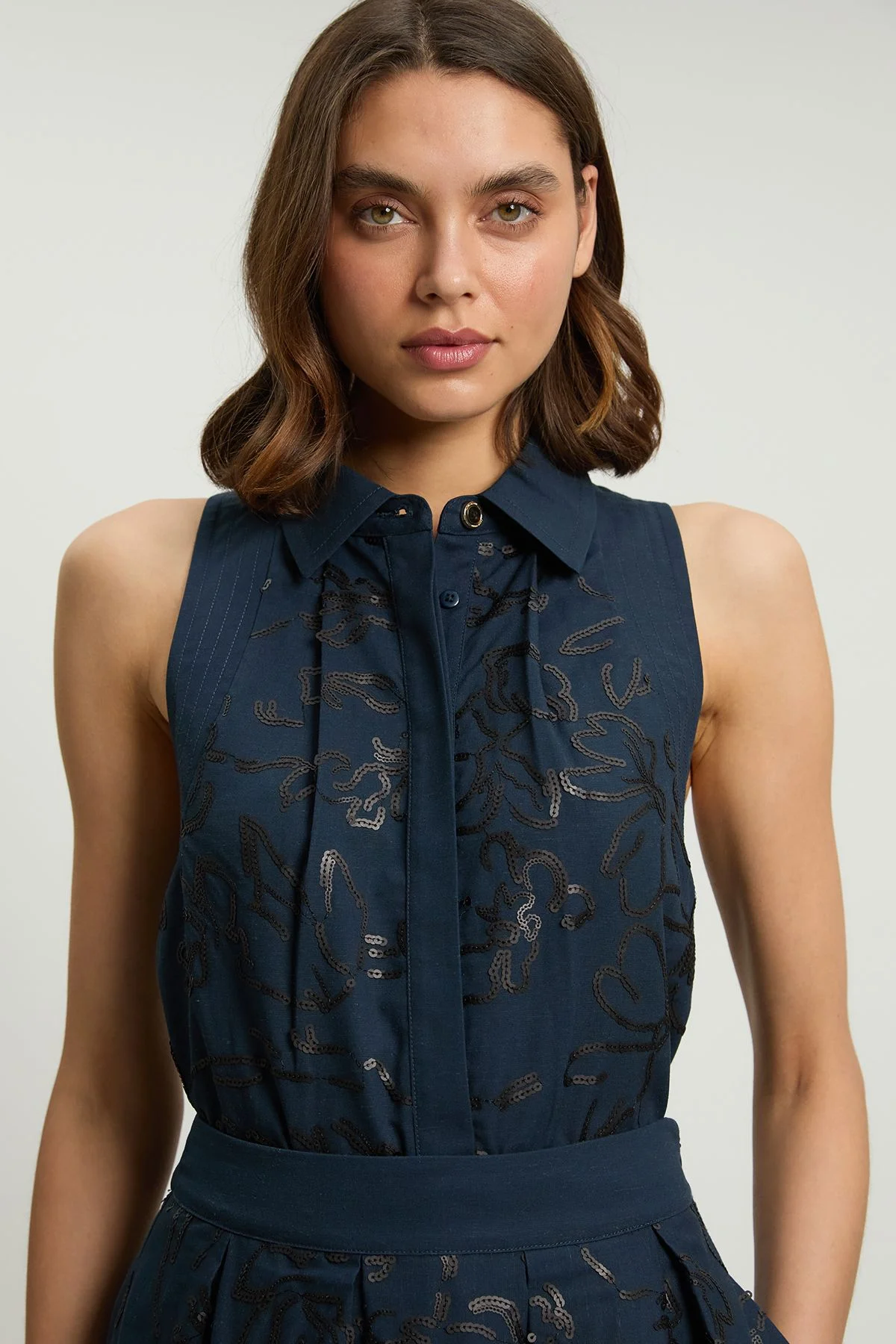 Linen Matte Sequin Collared Top - 1