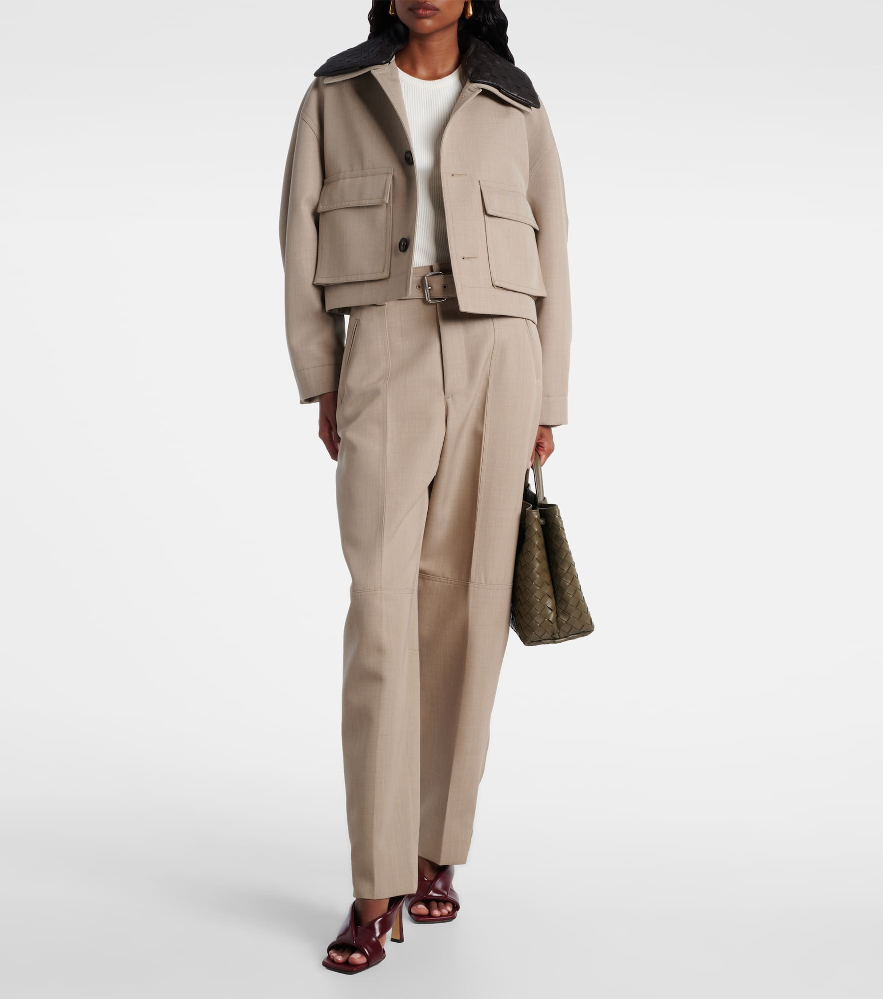 Cropped leather-trimmed wool jacket - 2