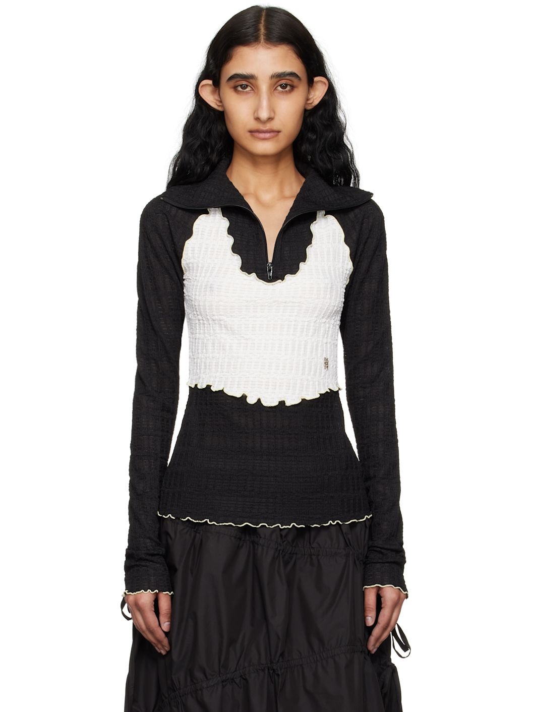 Black Half-Zip Wrinkle Top - 1