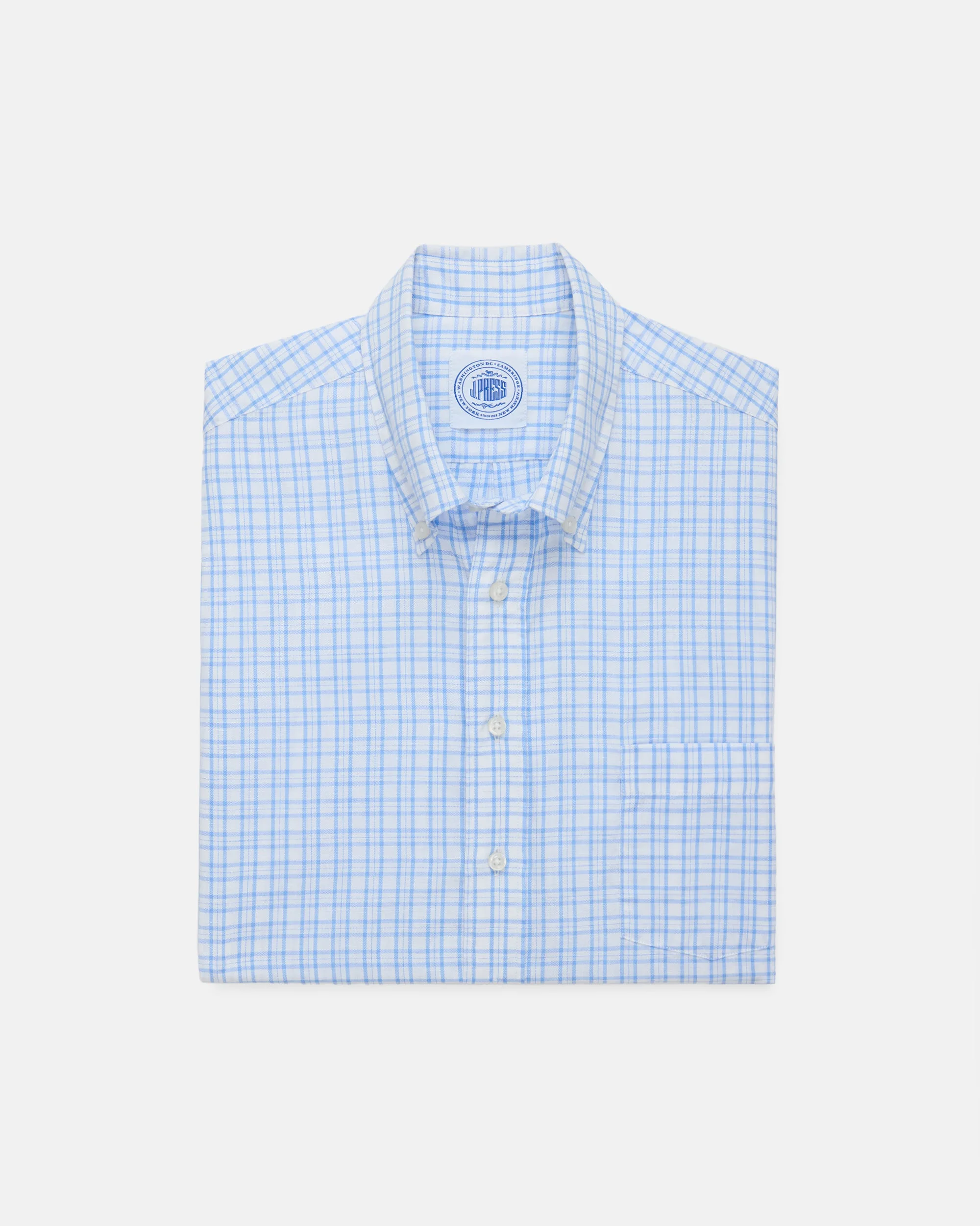LIGHT BLUE CHECK COTTON/LINEN SHORT SLEEVE SPORT SHIRT - CLASSIC FIT - 1