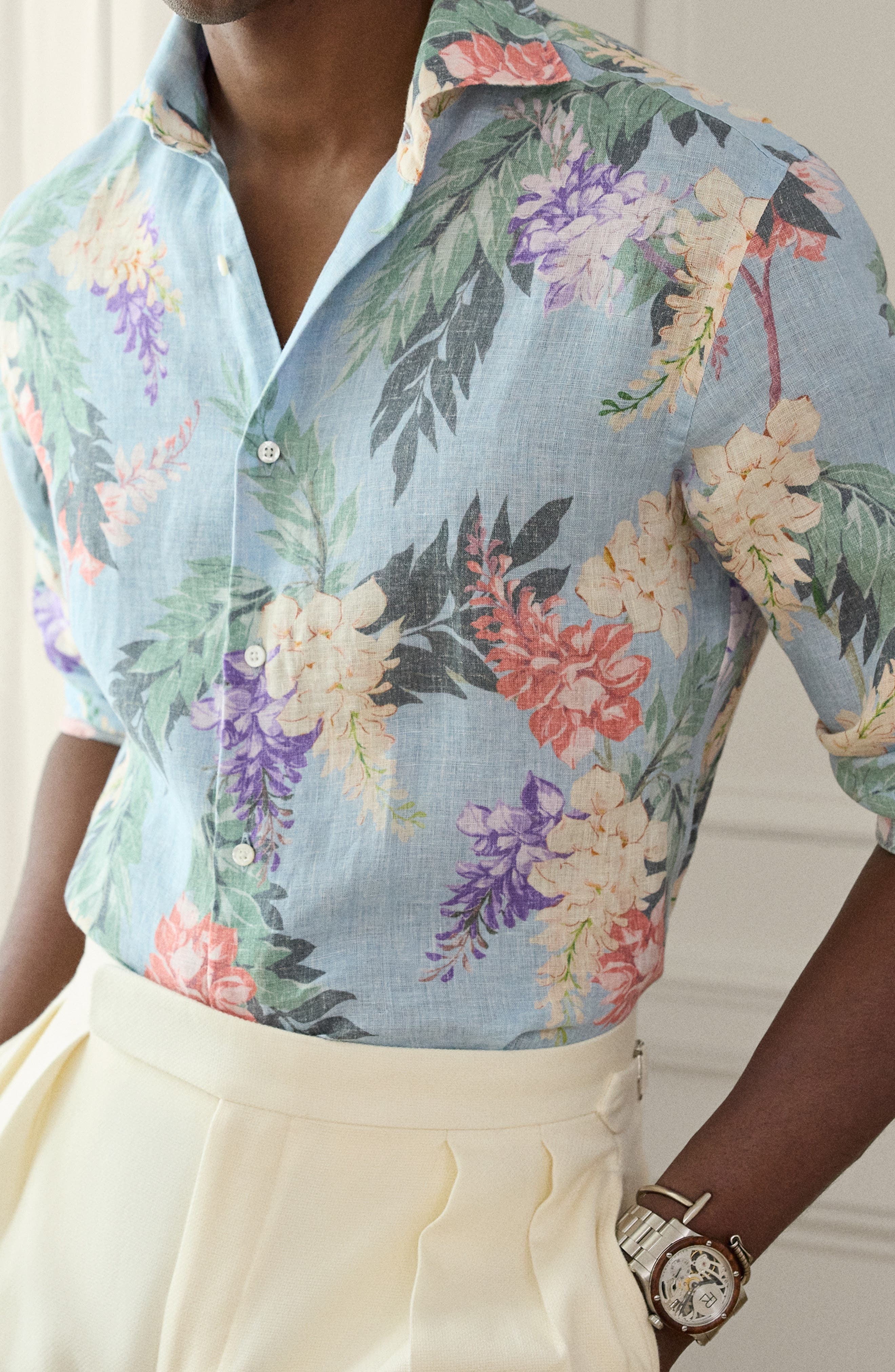 Ralph Lauren Purple Label Palma Floral Linen Button-Up Shirt in Blue Multi at Nordstrom - 5