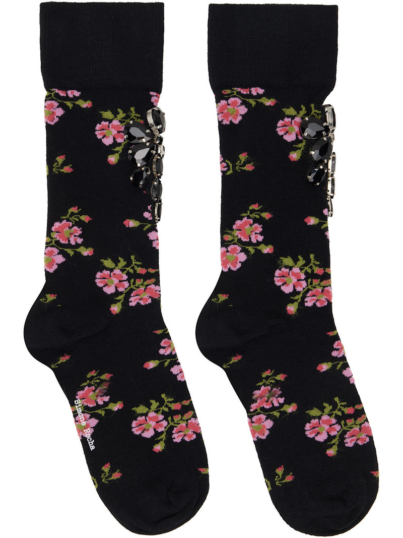 Black Tiny Flower Jacquard Embellished Ankle Socks 1