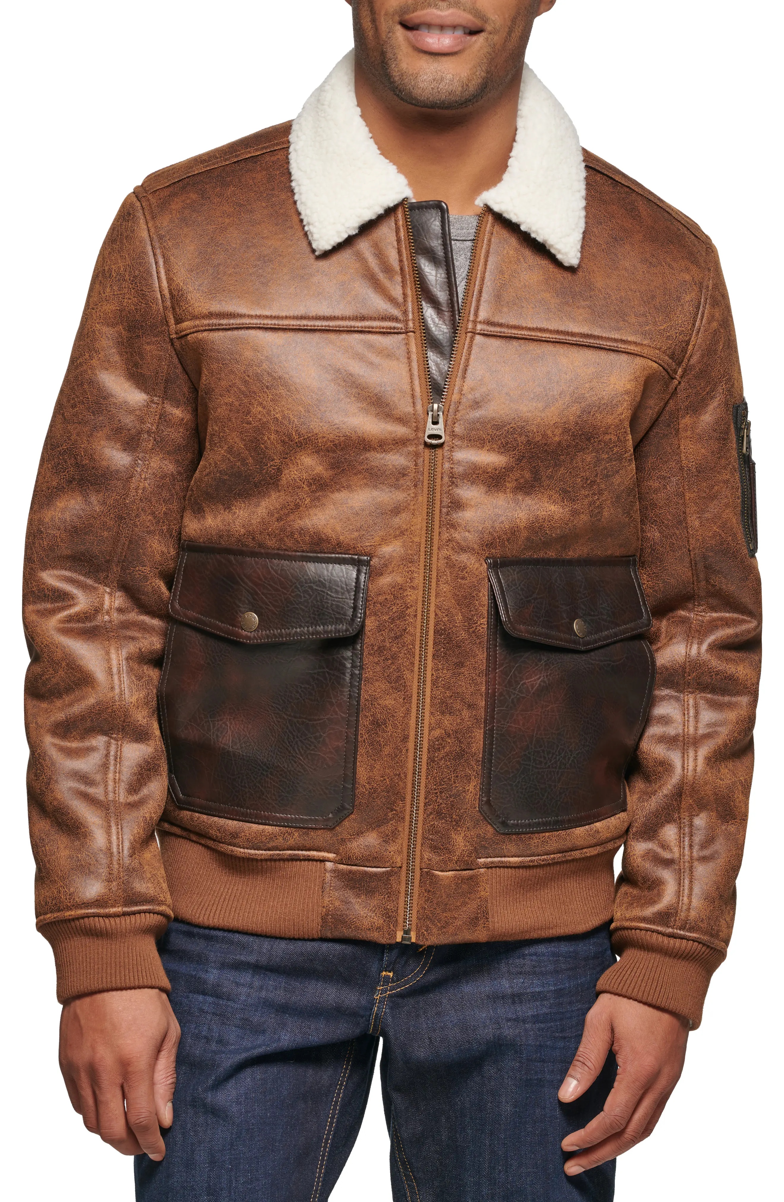 Faux Shearling Collar Aviator Bomber Jacket - 1