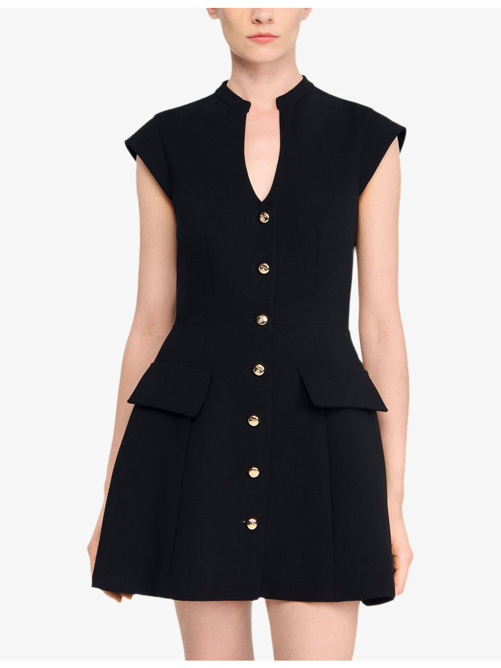 Capped-Sleeves Buttoned Knitted Mini Dress - 3